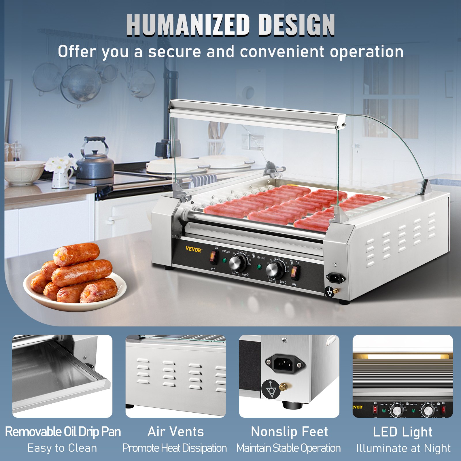 VEVOR Hot Dog Roller, 30 Hot Dog Capacity 11 Rollers, 1800W Stainless Steel Cook Warmer Machine