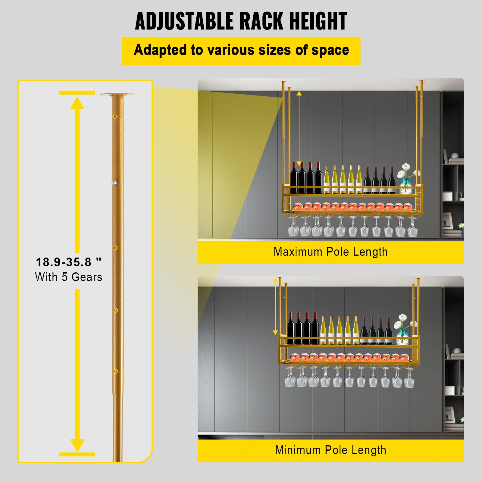 VEVOR Ceiling Wine Glass Rack 46.9x11.8" Hanging Wine Rack Height