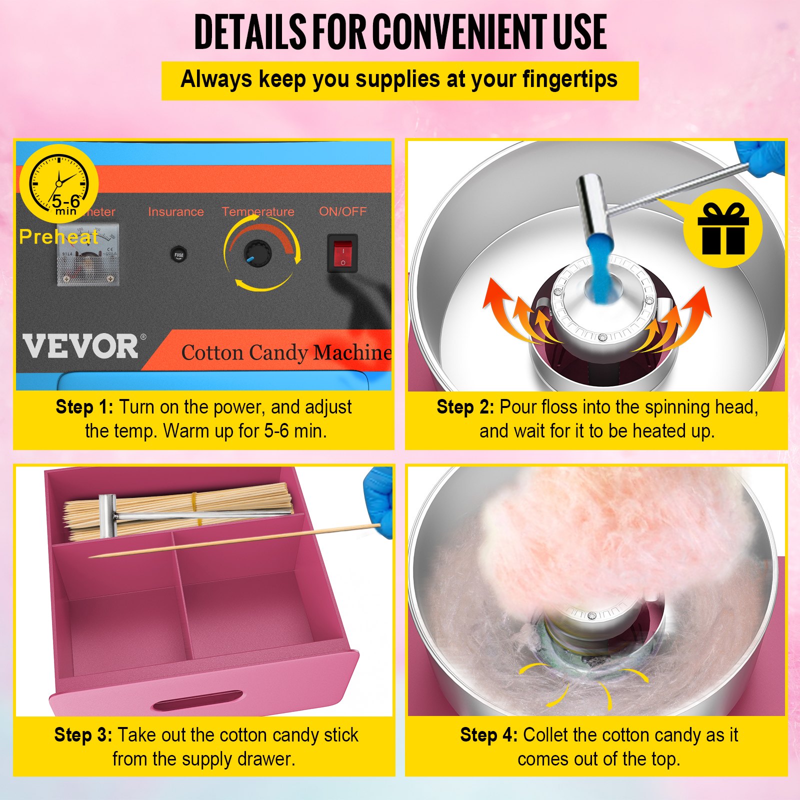 VEVOR Cotton Candy Machine with Cart Commercial Floss Maker for Family