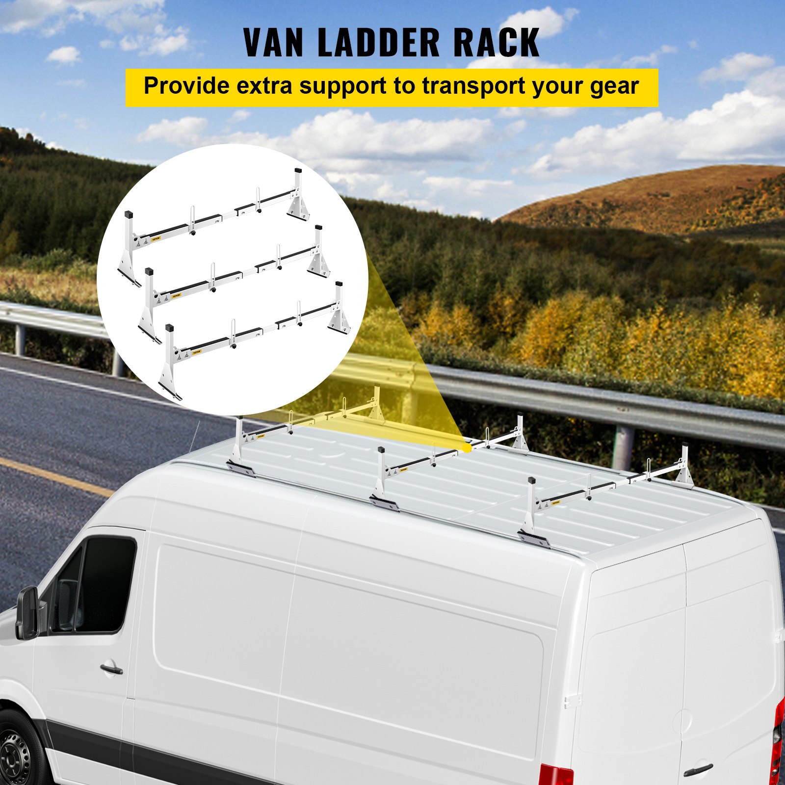 VEVOR Roof Ladder Rack Van Ladder Rack with Ladder Stoppers 3 Bars 661