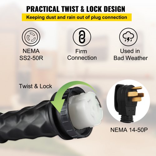 VEVOR RV Power Cord 50 ft 50 amp RV Extension Cord 1450P to SS250R