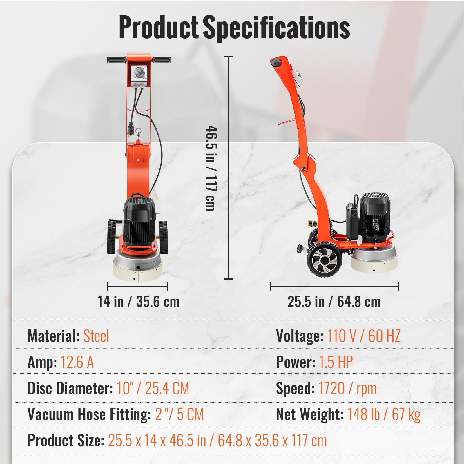 VEVOR Electric Concrete Floor Grinder 10" WalkBehind Grinder 1.5HP