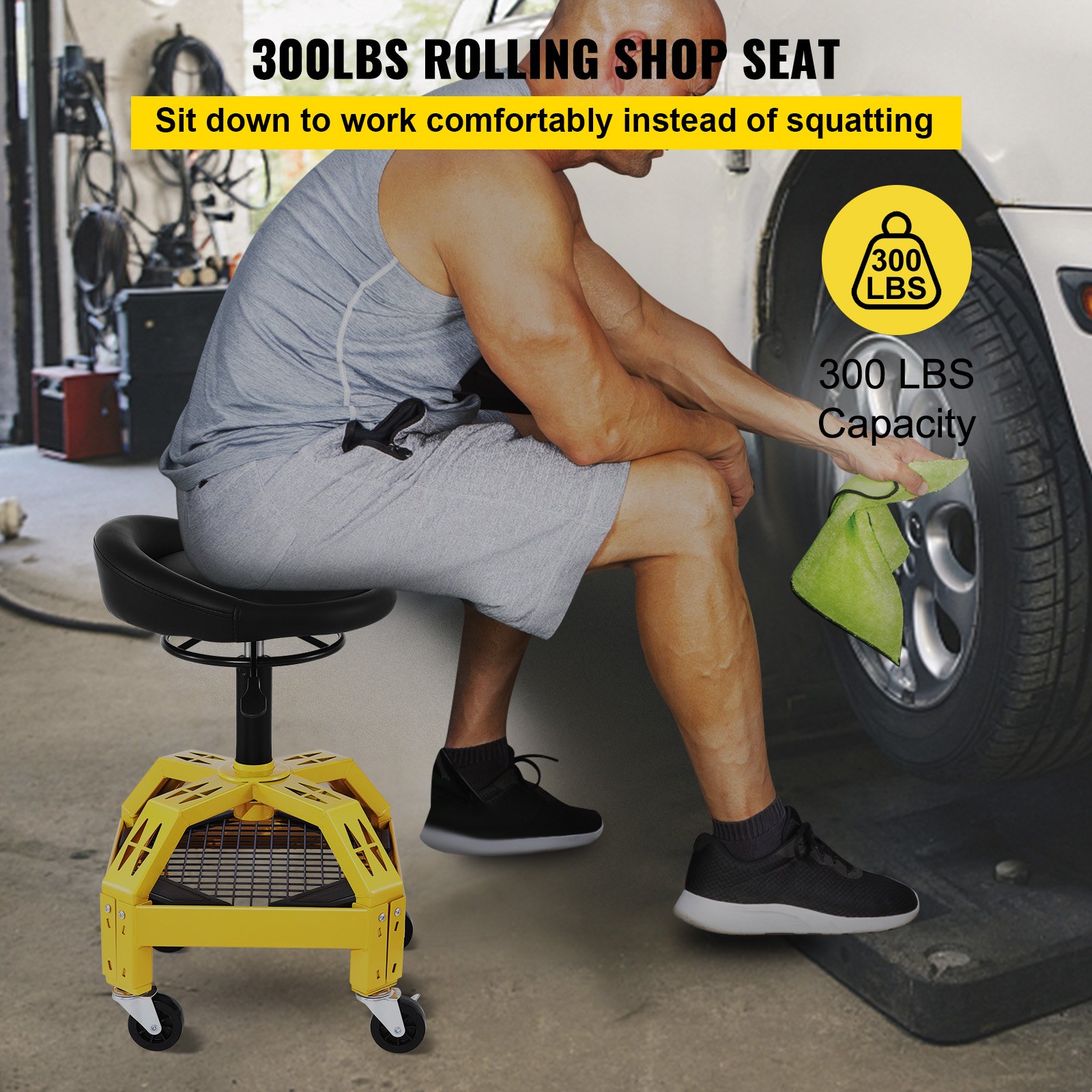 VEVOR Rolling Garage Stool 300LBS Adjustable Mechanic Work Shop Seat W   Rolling Garage Stool F1 