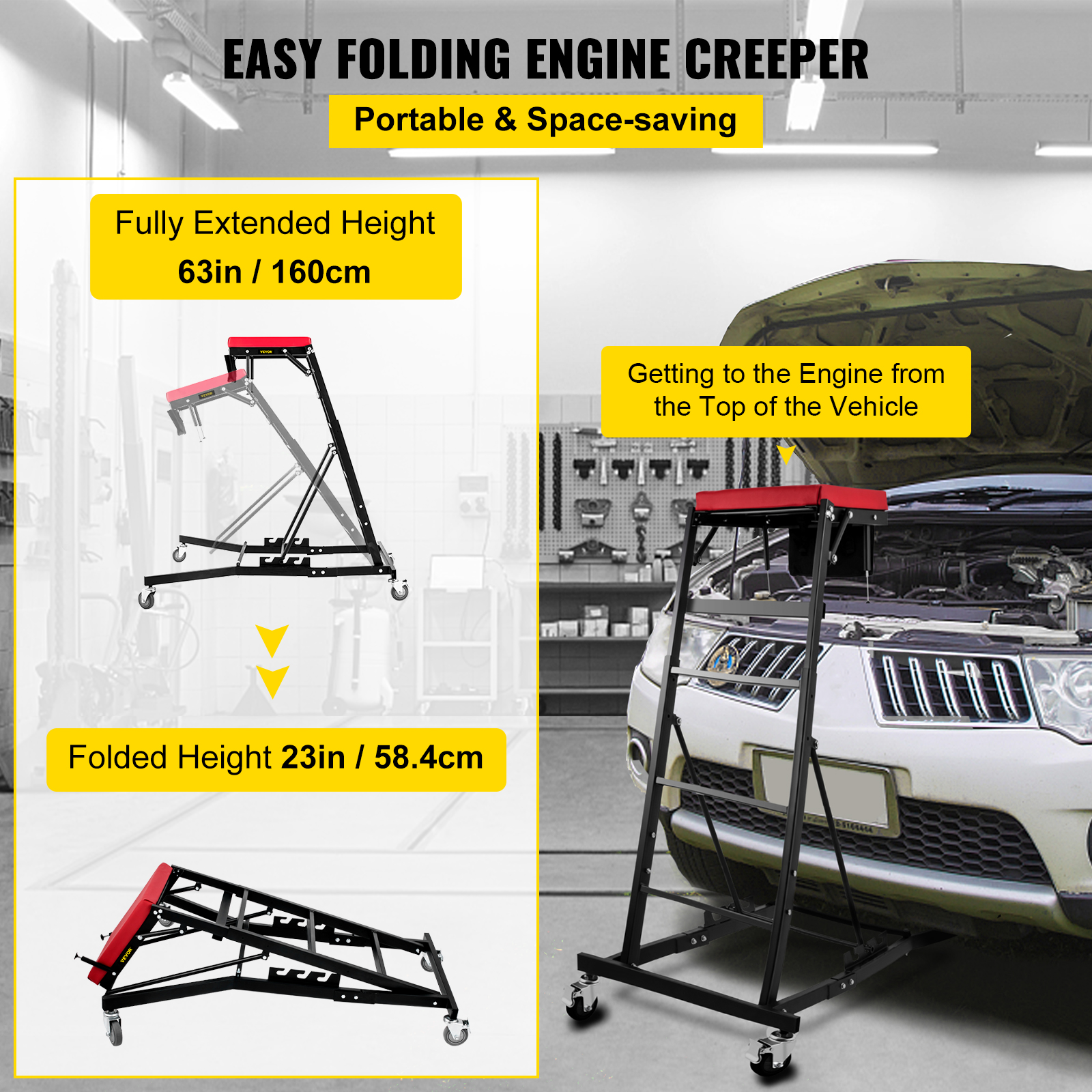 VEVOR Topside Automotive Engine Creeper, Adjustable Height Foldable