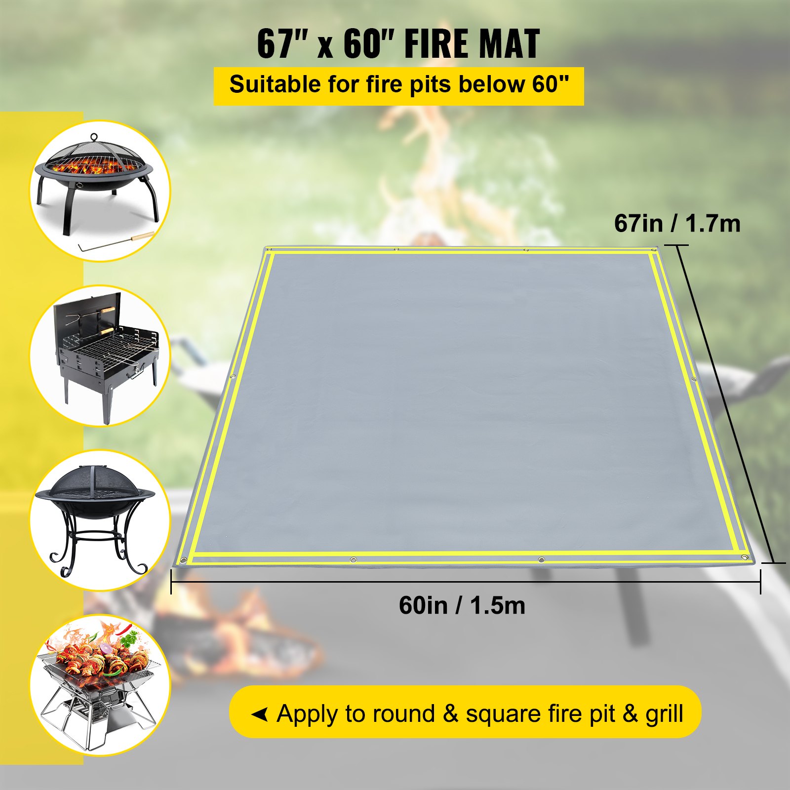 VEVOR Square Fire Pit Mat, 67" x 60" Fire Pit Mat for Deck, 1022 °F