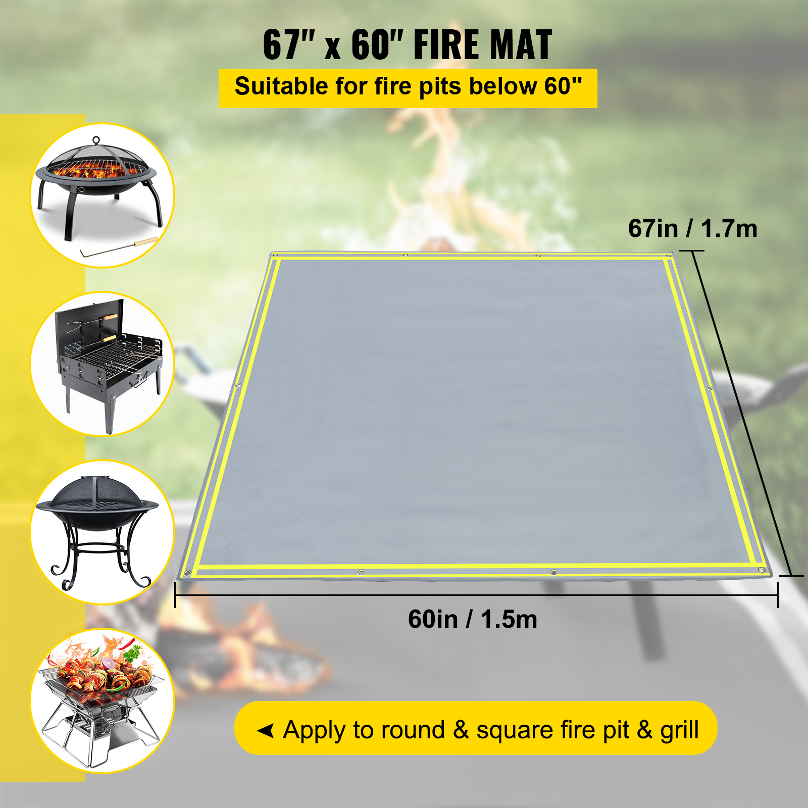 VEVOR Square Fire Pit Mat, 67" x 60" Fire Pit Mat for Deck, 1022 °F