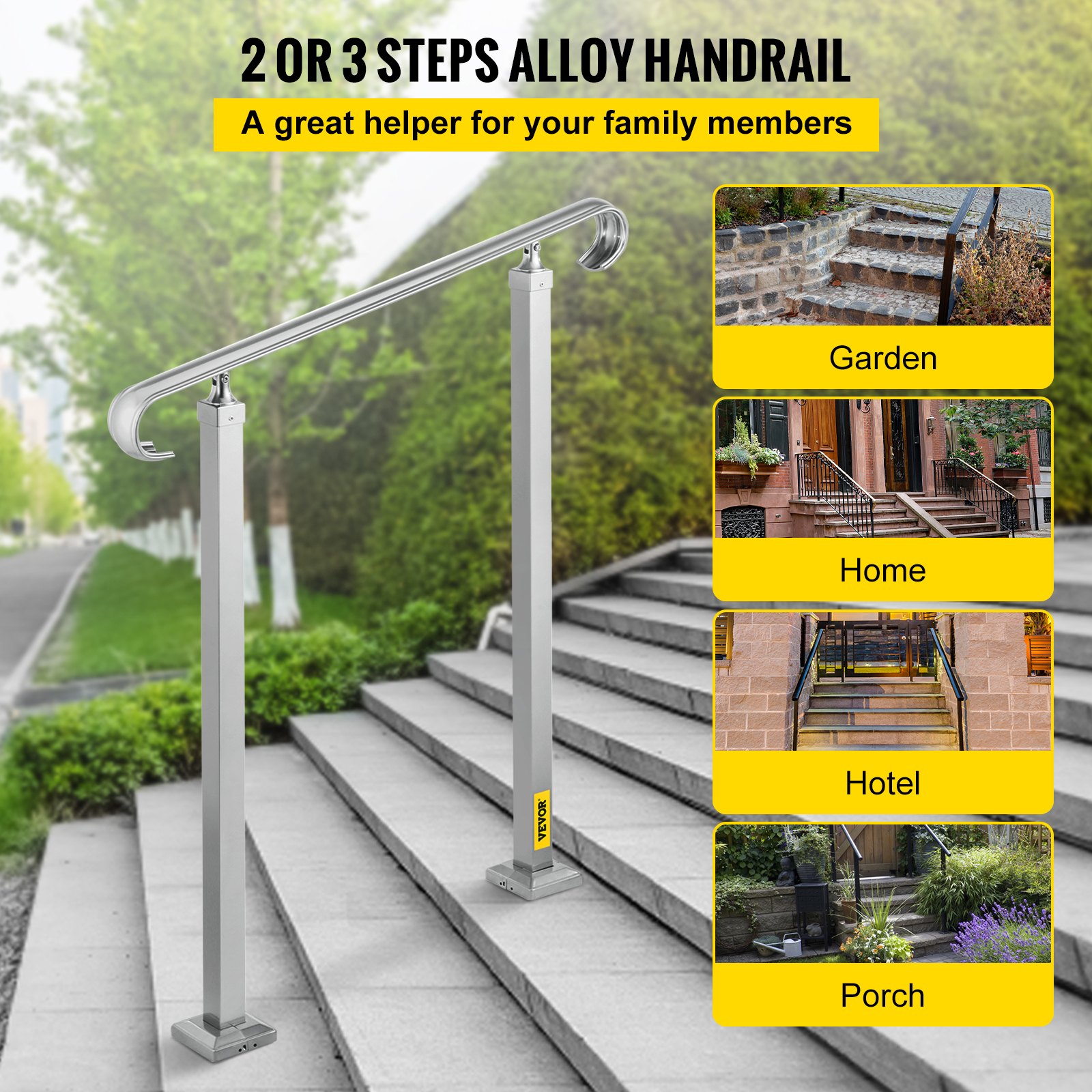 VEVOR Outdoor Stair Railing, Fit 2 or 3 Steps Alloy Metal Handrailing, Front Porch Flexible