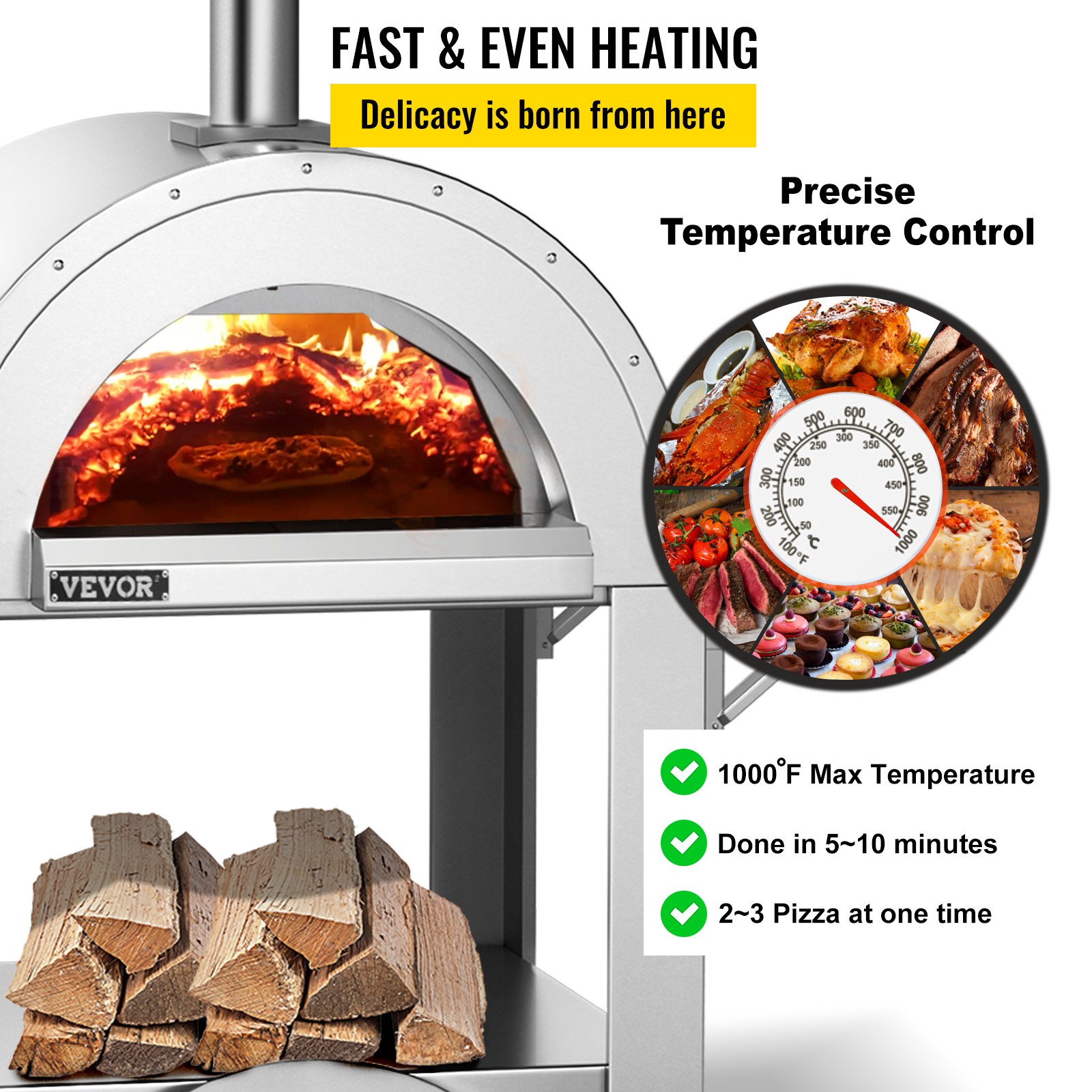 VEVOR Outdoor Pizza Oven Wood Fired Pizza Oven Movable Stainless Steel 32" VEVOR US