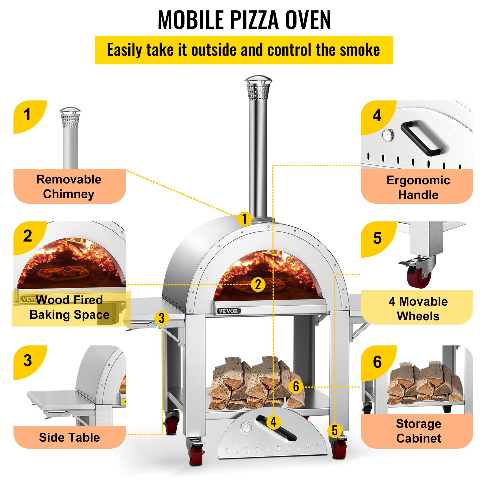 VEVOR Outdoor Pizza Oven Wood Fired Pizza Oven Movable Stainless Steel