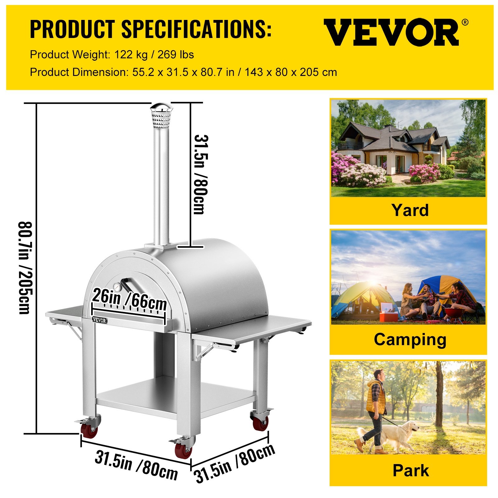 VEVOR Outdoor Pizza Oven Wood Fired Pizza Oven Movable Stainless Steel