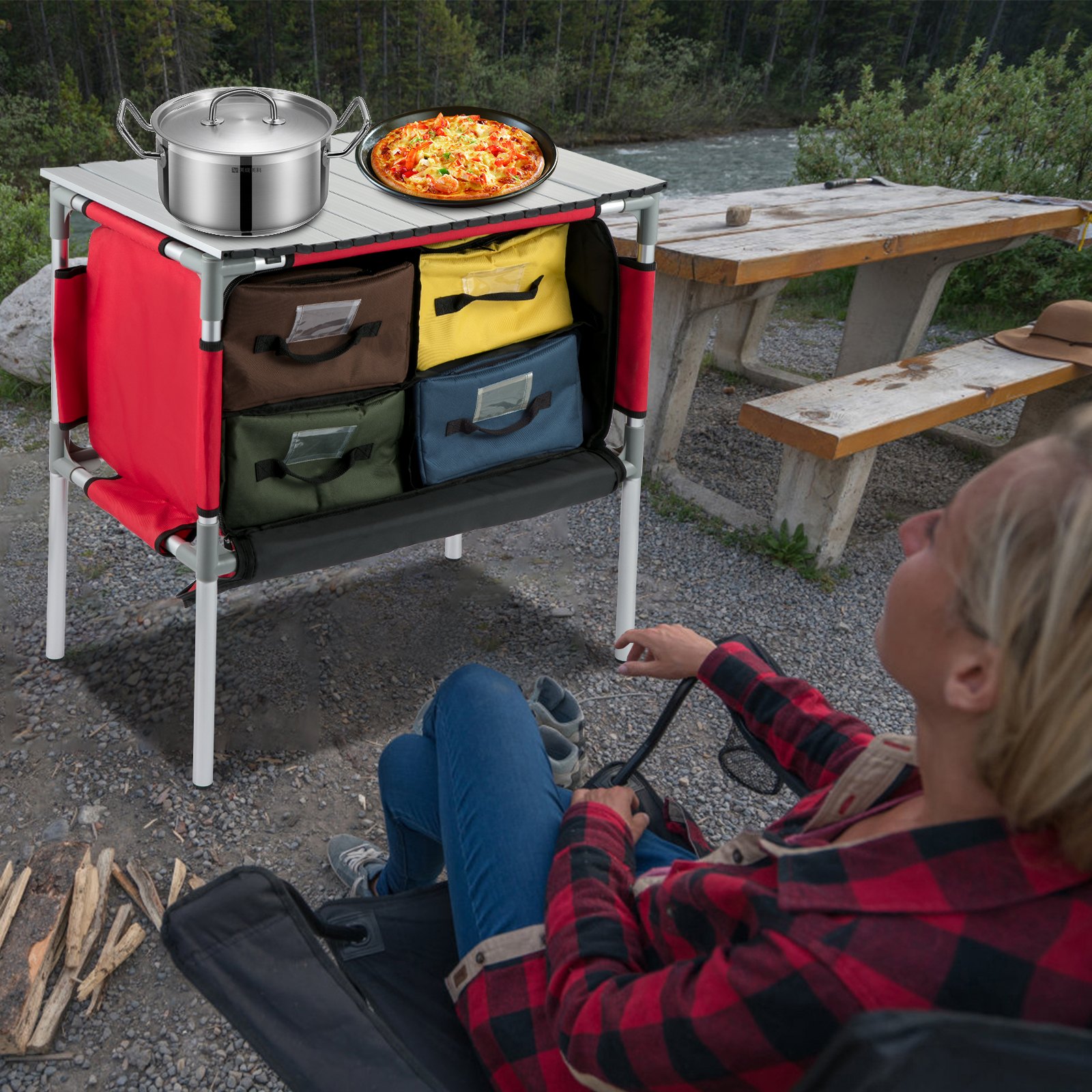 VEVOR Camping Kitchen Table, Aluminum Portable Folding Station with 4