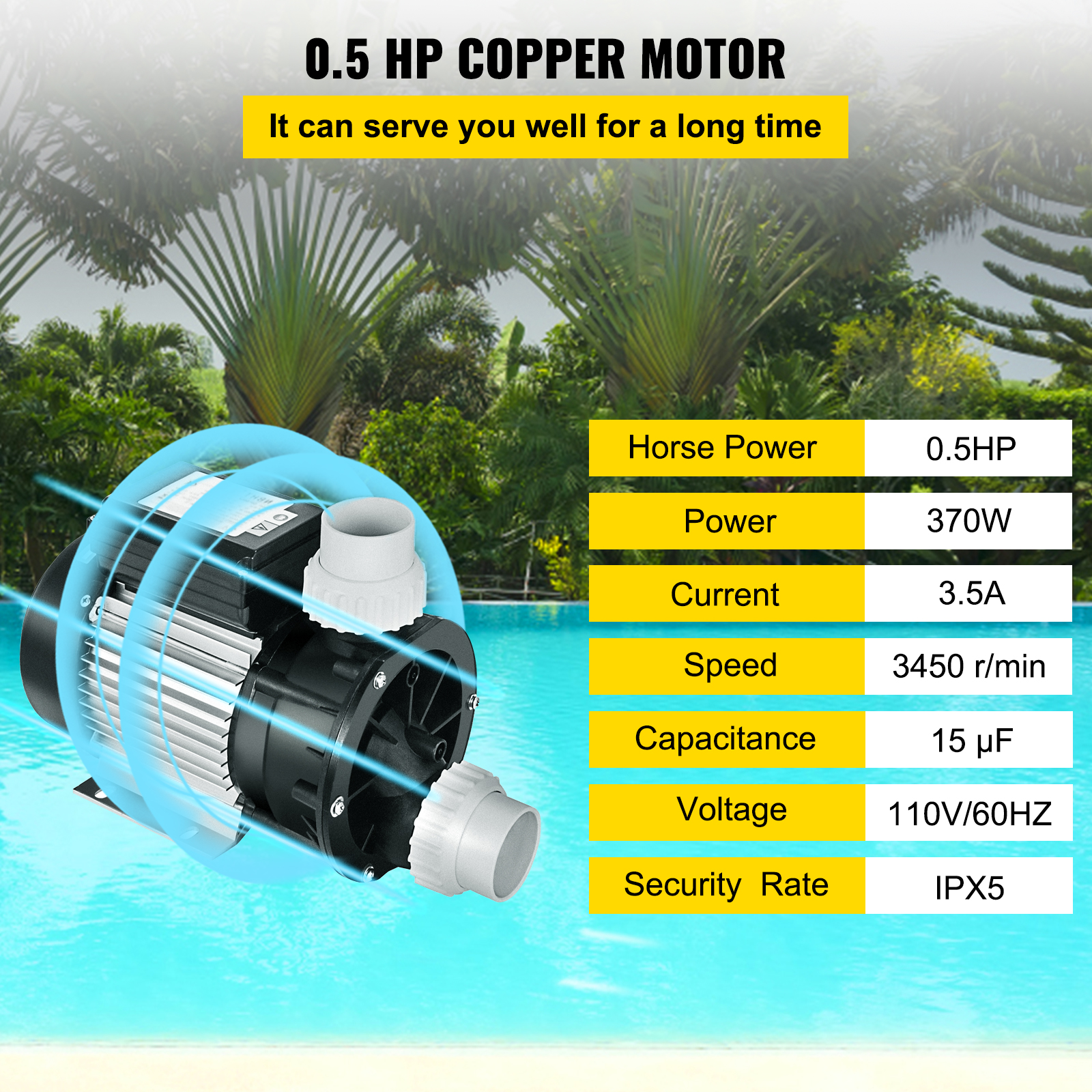 Swimming Pool Pump 0.5HP 110V Hot Tub Pump 0.75 KW Water Circulation SPA Bathtub VEVOR US