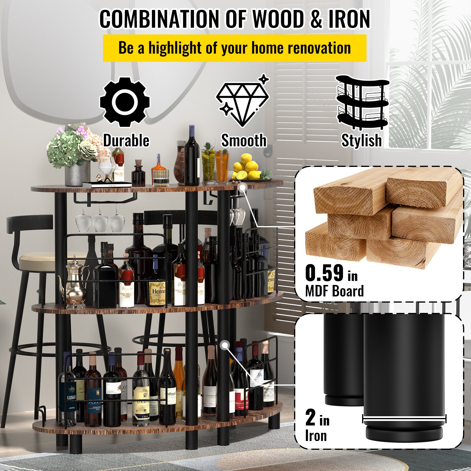 VEVOR Bar Table Wine Storage, 3tier Bar Unit w/ Glasses Holder
