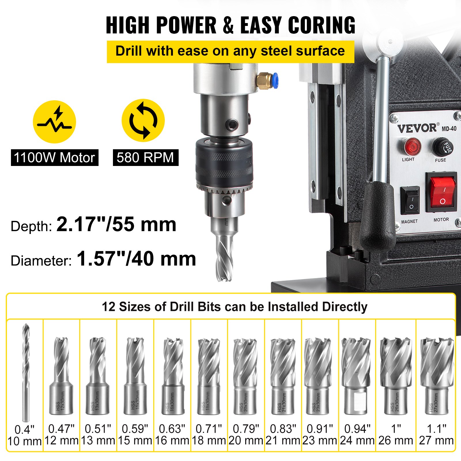 VEVOR Mag Drill Press Electric Drill 1100W 1.57" Max Diameter w/ 12 Bits VEVOR US