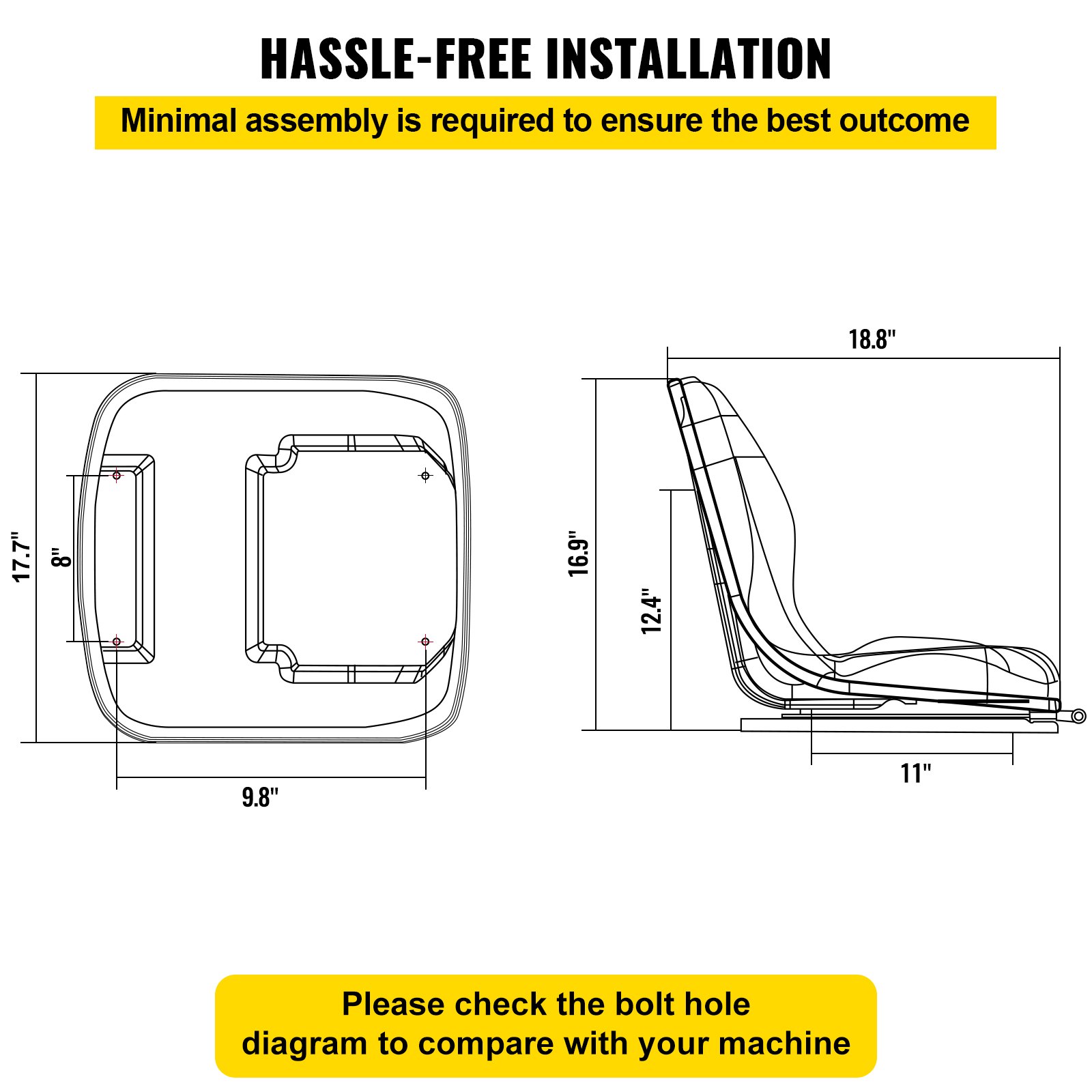 VEVOR Universal Kubota Seat Replacement, Compact High Back Tractor Seat