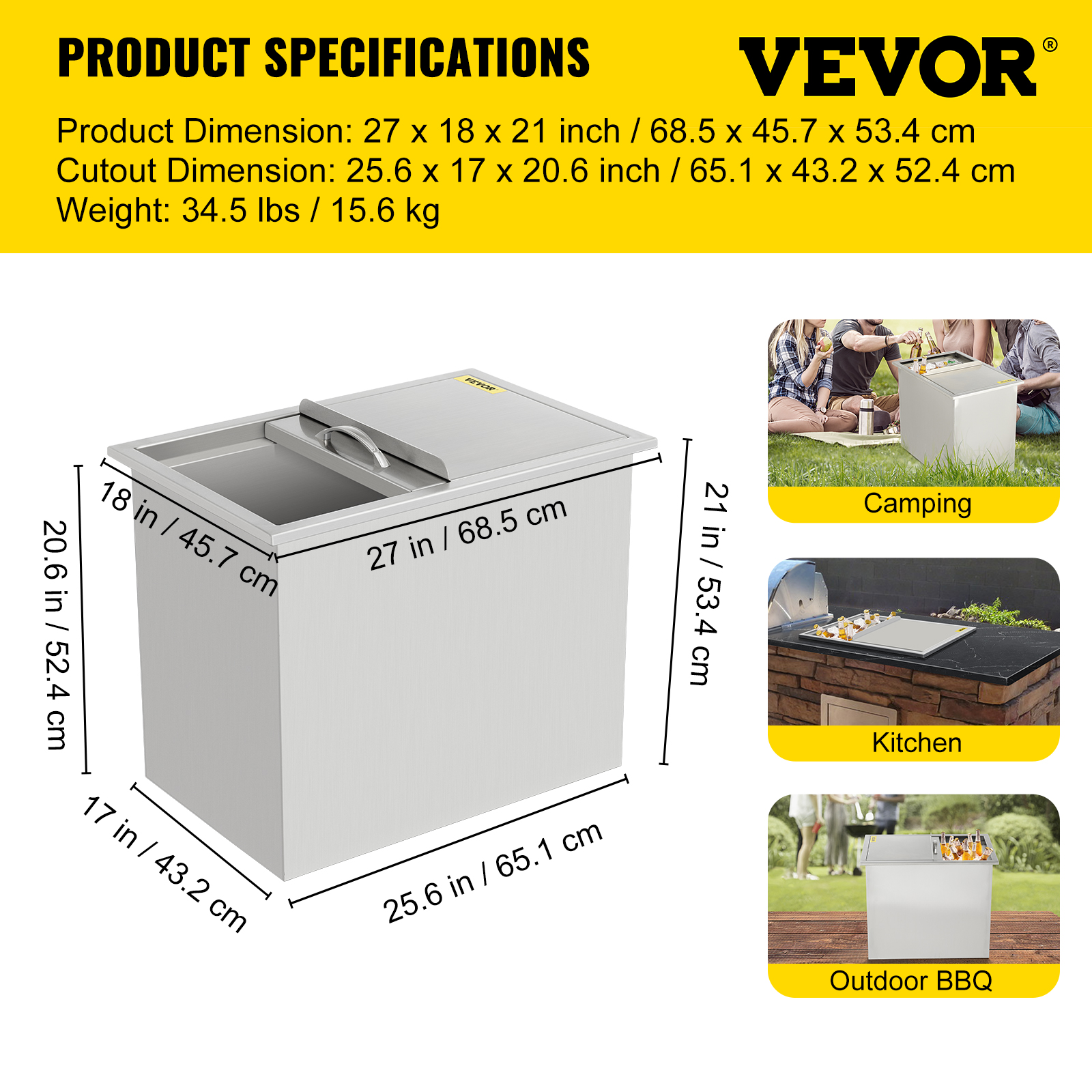 27”x18” Outdoor Kitchen Dropin Ice Chest Bin Cooler 304 Beer Ice