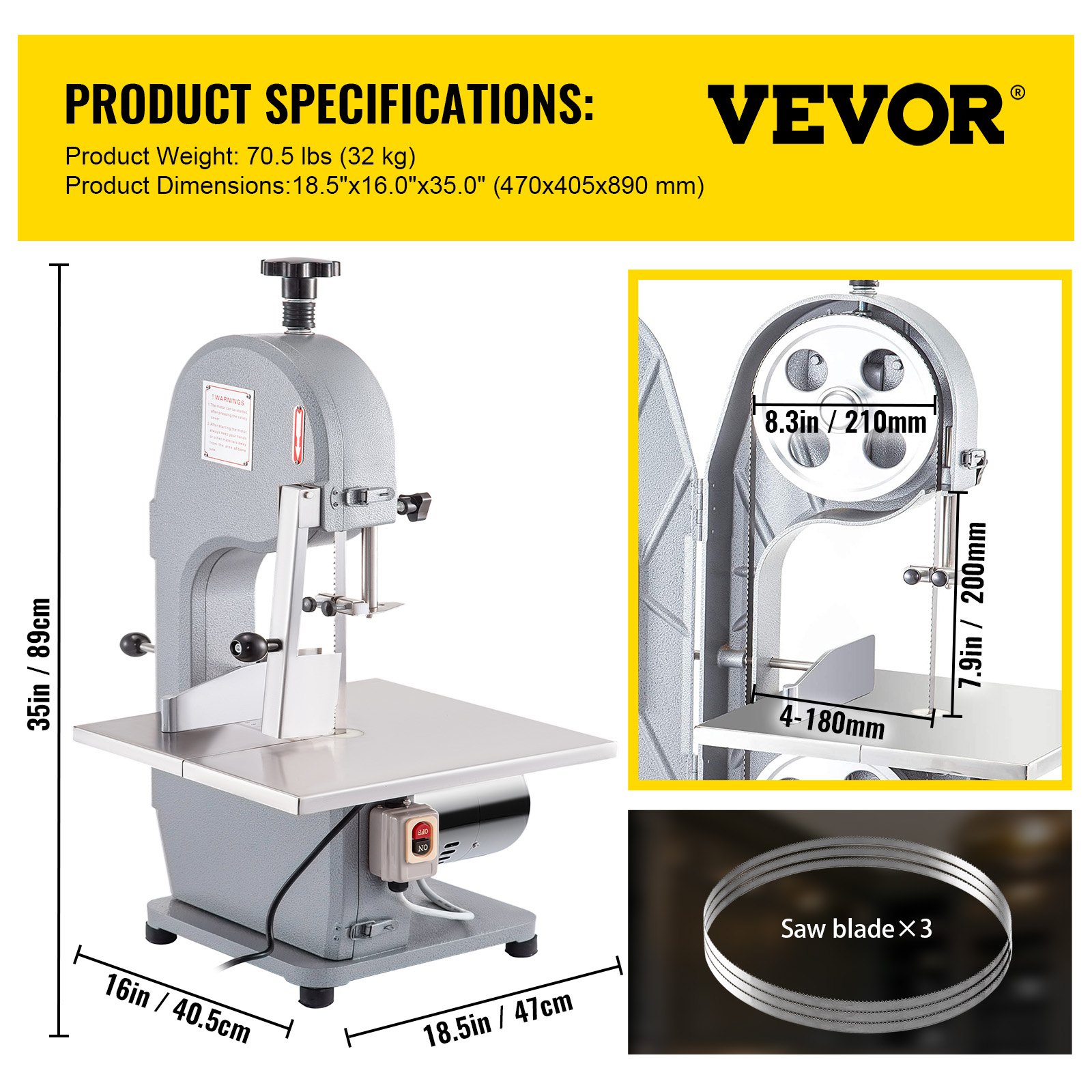 VEVOR VEVOR Commercial Meat Bone Saw Machine 850W 304 Stainless Steel