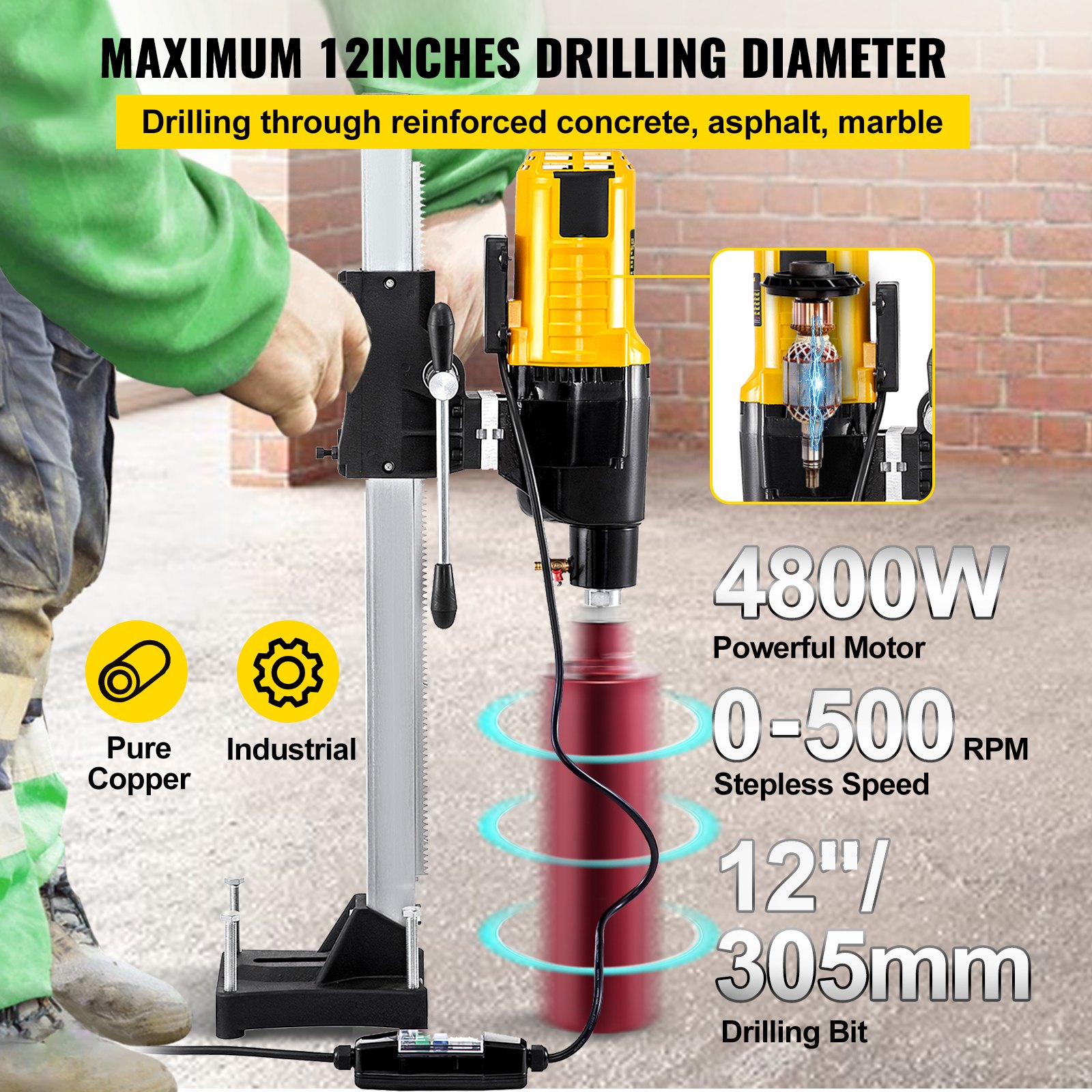 VEVOR Core Drill Machine 305MM/12 Inches Core Drill Rig 4800W Powerful