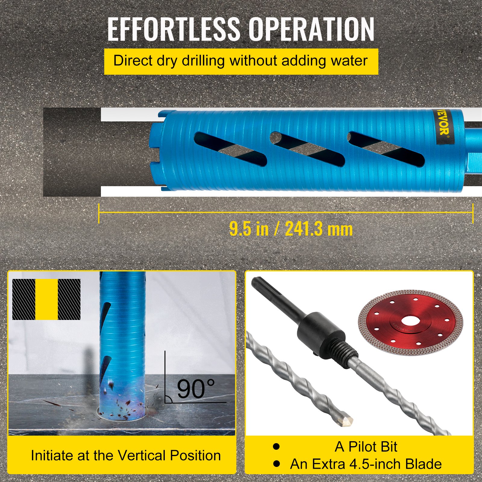 VEVOR Dry Core Drill Bit, 3" / 76.2mm Diameter 5/8"11 Shank Arbor with