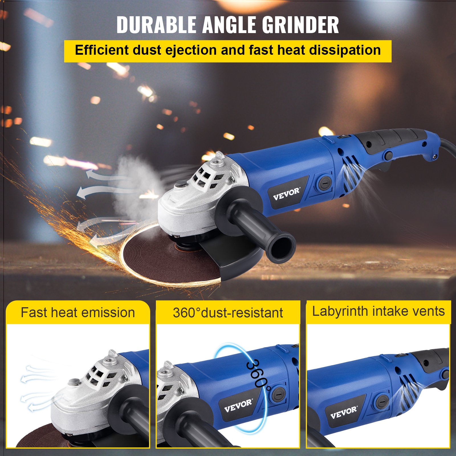 VEVOR Angle Grinder, 7 Inch Powerful Grinder Tool 13 Amp Power Grinder