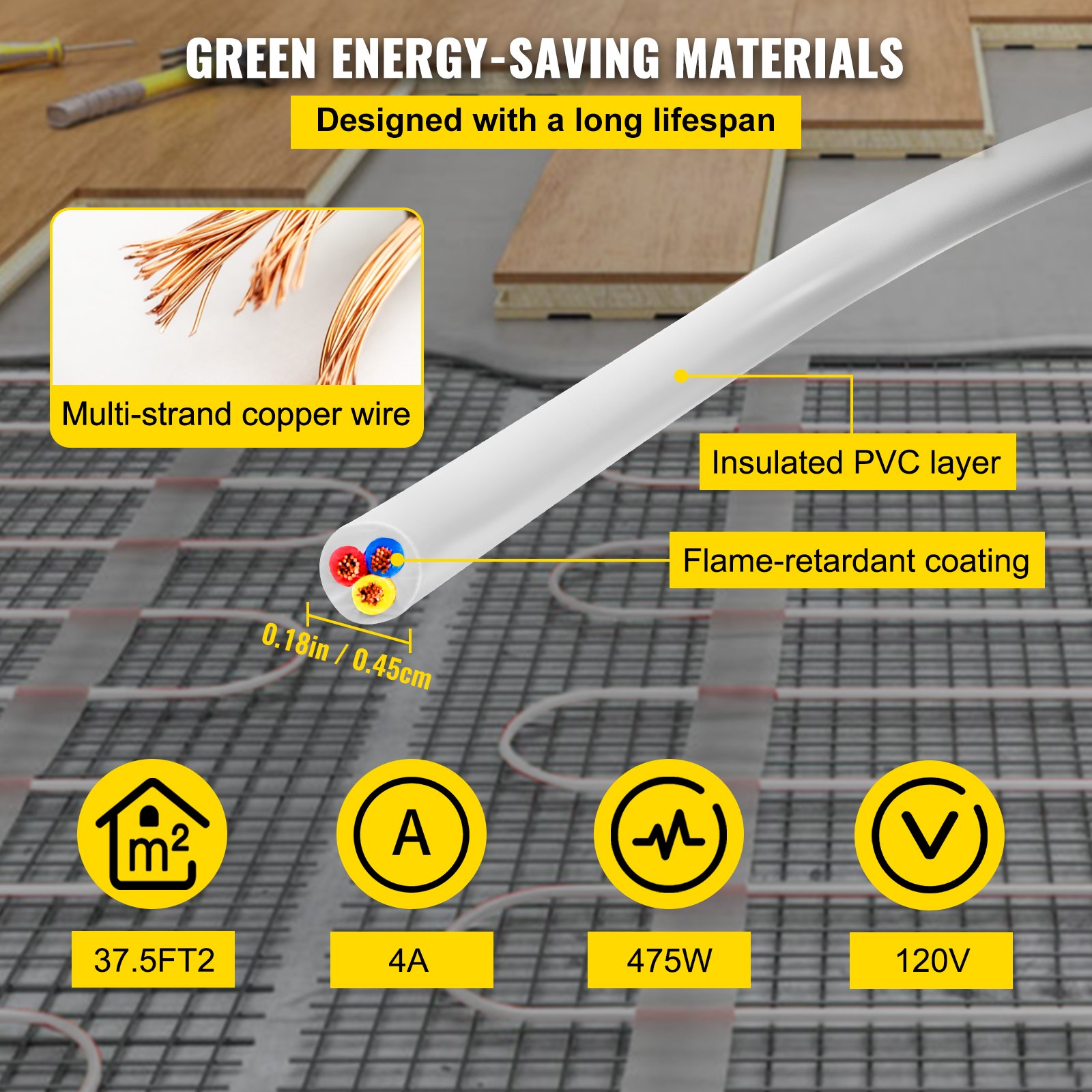 Vevor Floor Heating Cable Waterproof Floor Tile Heat Cable 37.5 Square