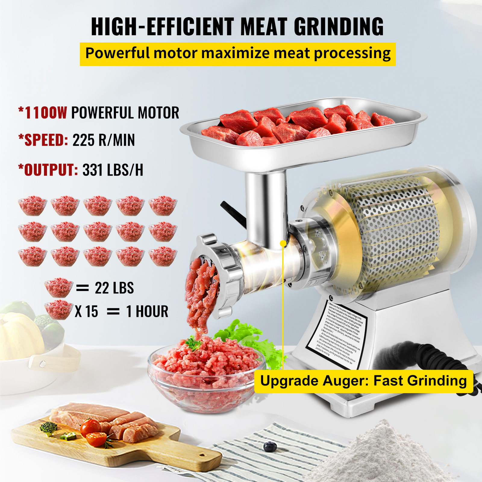 VEVOR Commercial Meat Grinder, 551 Lbs/h 1100W Electric Meat Grinder