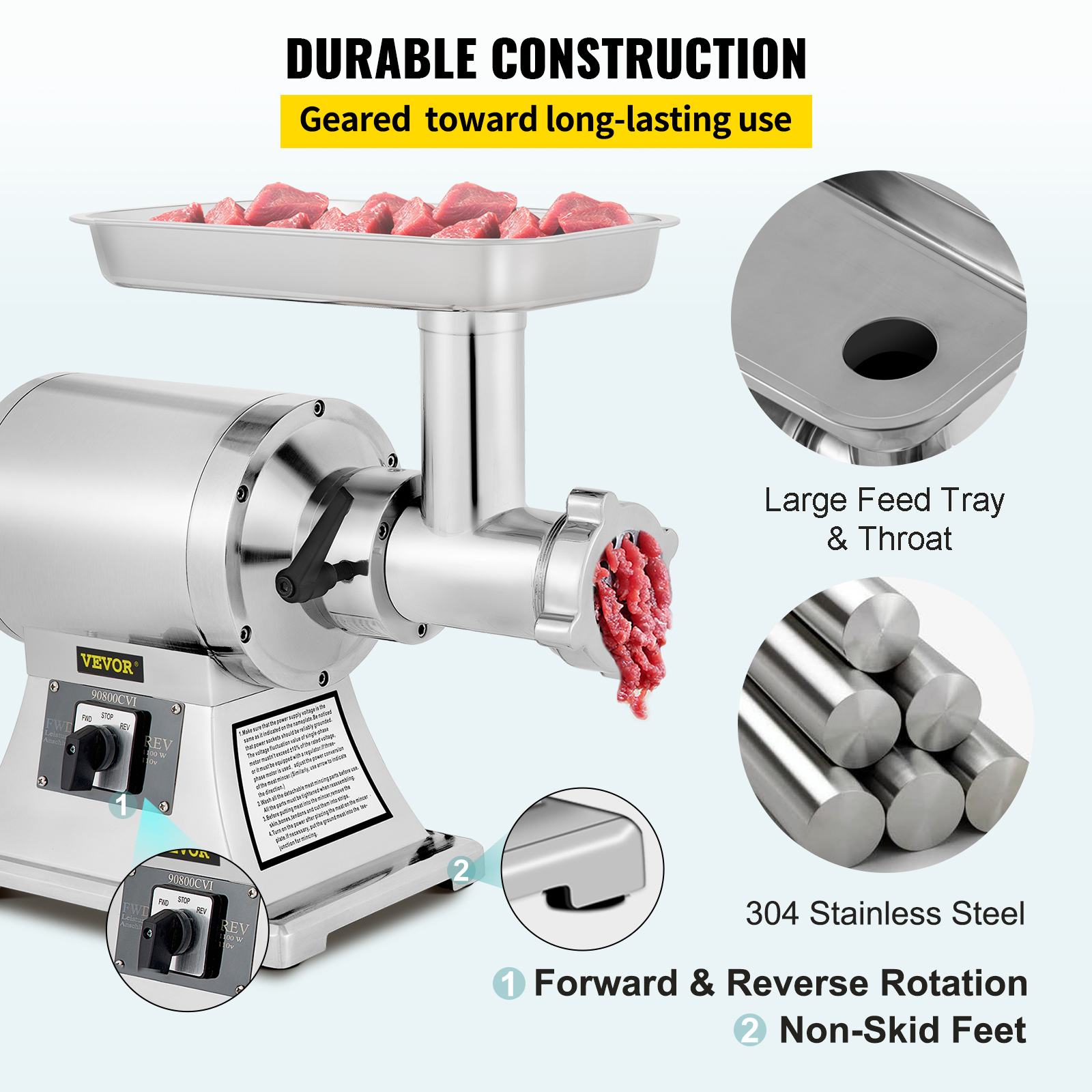 VEVOR Commercial Meat Grinder, 551 Lbs/h 1100W Electric Meat Grinder