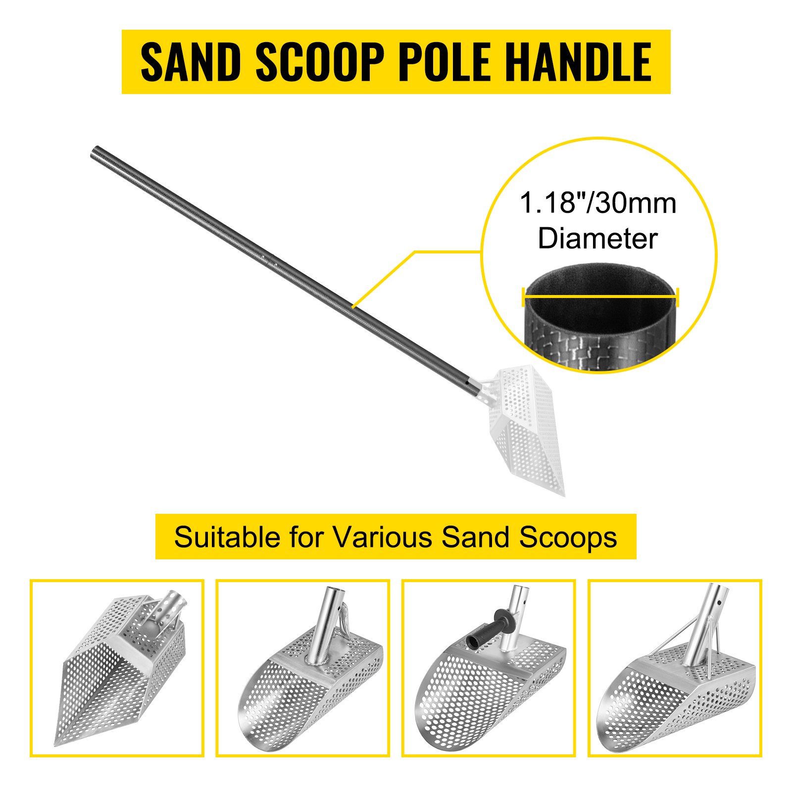 VEVOR Sand Scoop Pole Handle, Carbon Fiber Sand Scoop Long Pole, Travel ...