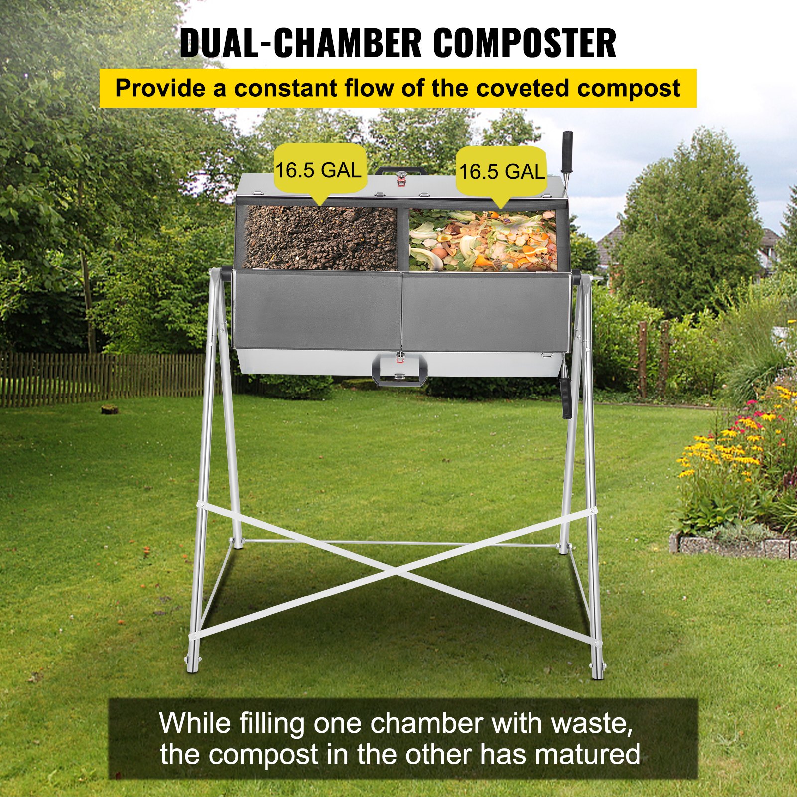 VEVOR Compost Tumbler, 125L / 33 Gallons, Rustproof Stainless Steel ...