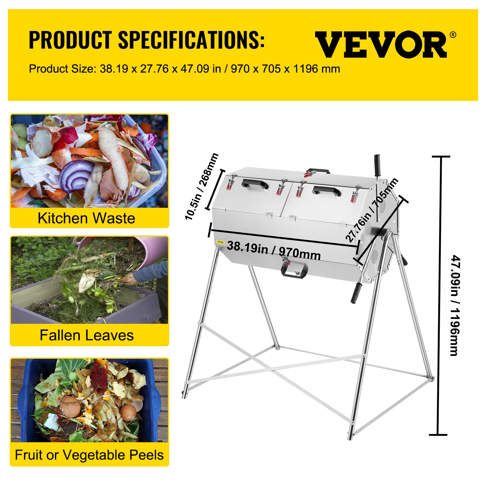 VEVOR Compost Tumbler, 71 US Gallons, Rustproof Stainless Steel Dual