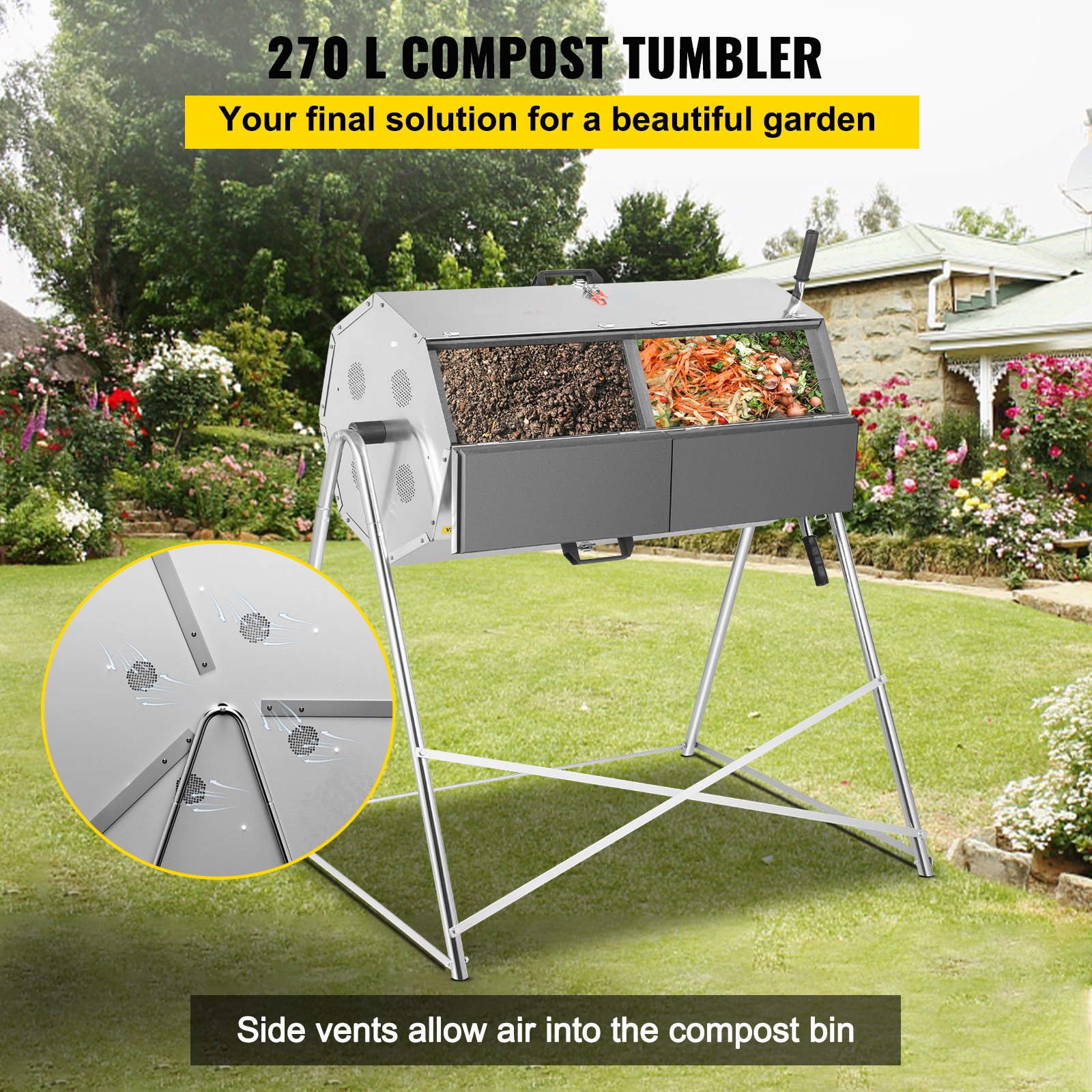 VEVOR VEVOR Compost Tumbler 270L Dual-chamber Composter Rotating ...