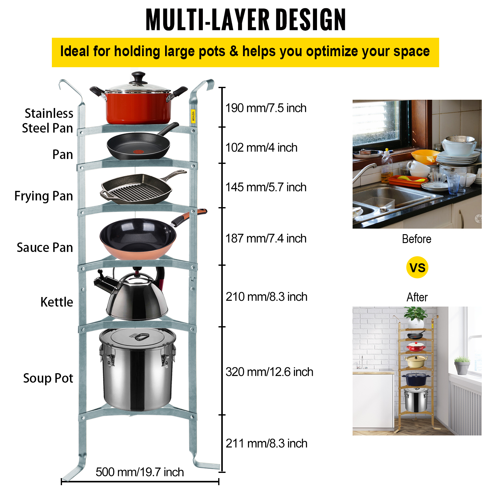 VEVOR 6Tier Cookware Stand, 61inch MultiLayer Pot Rack, Carbon Steel