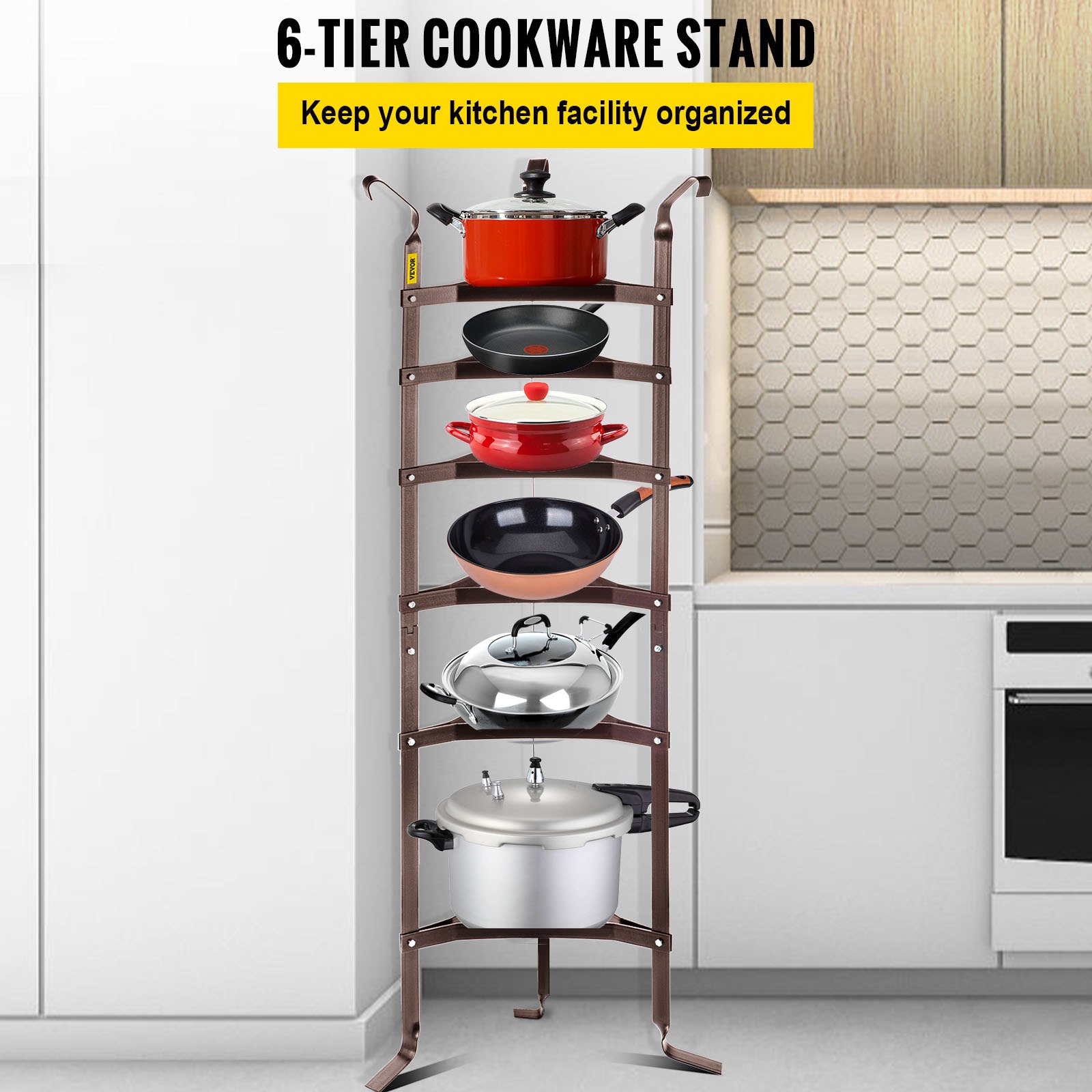 VEVOR 6-Tier Cookware Stand, Carbon Steel Multi-Layer Pot Rack, 61-inch ...