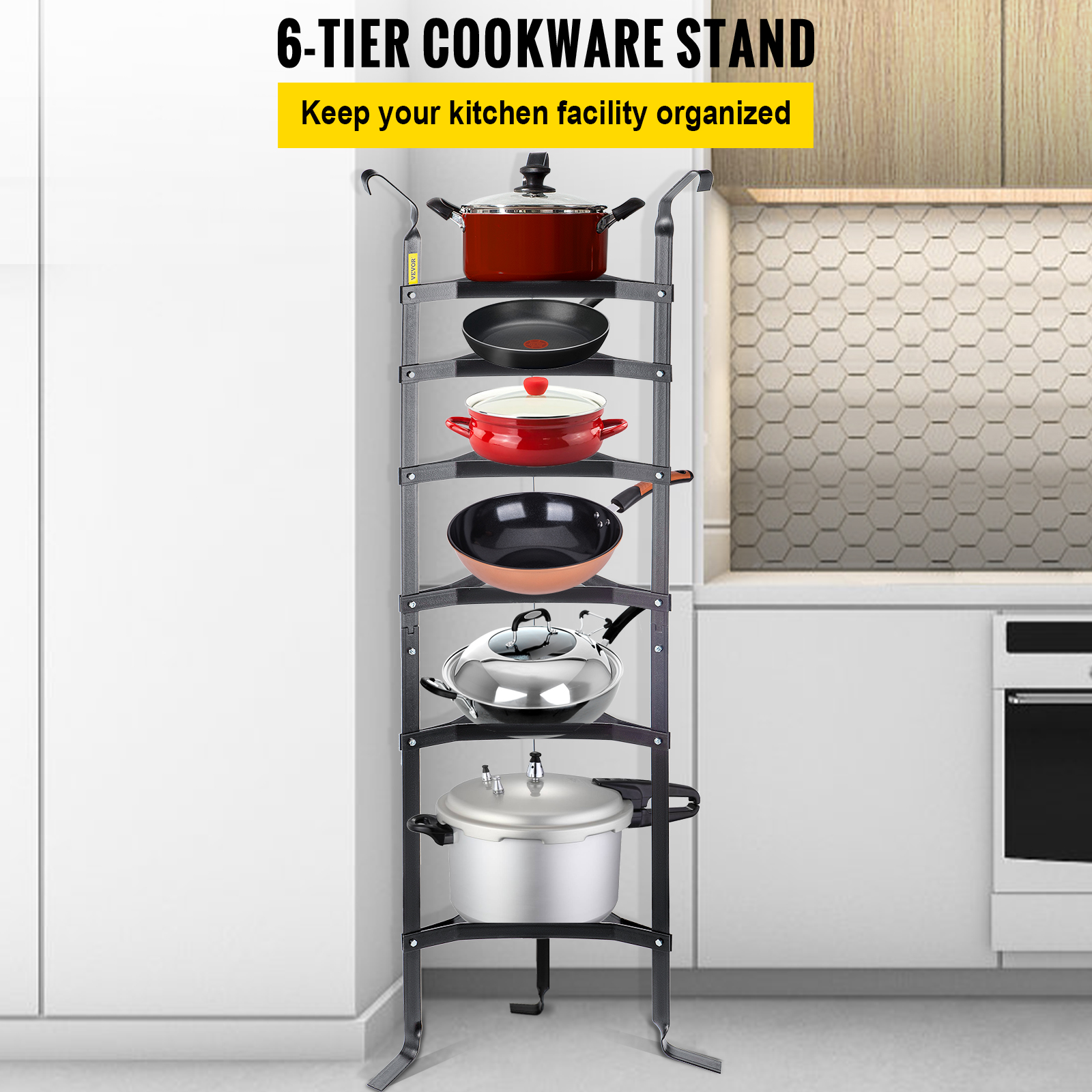 VEVOR 6Tier Cookware Stand, 61inch MultiLayer Pot Rack, Carbon Steel