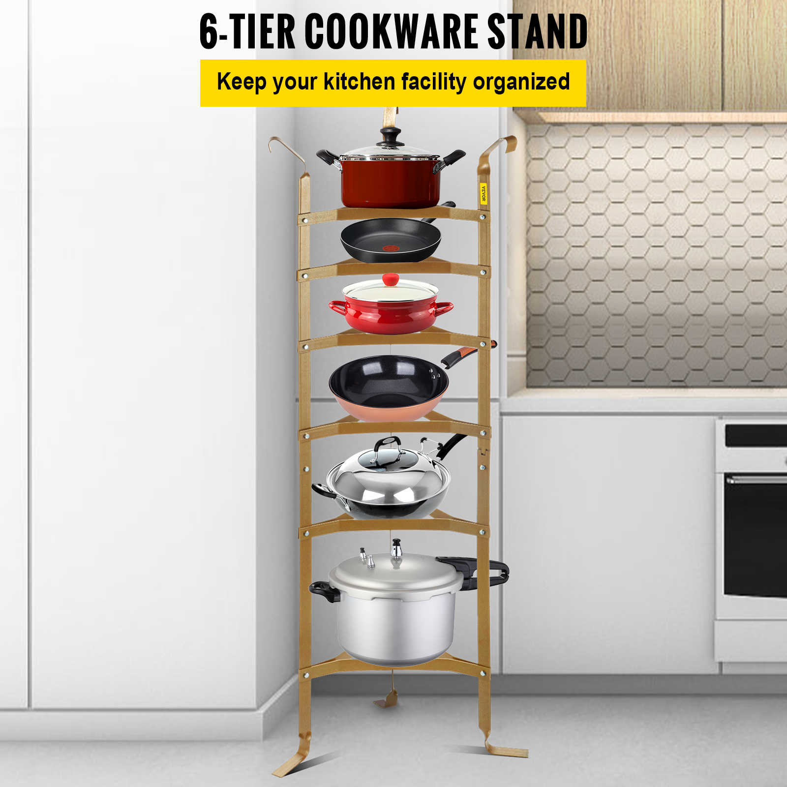 VEVOR 6Tier Cookware Stand, 61inch MultiLayer Pot Rack, Carbon Steel