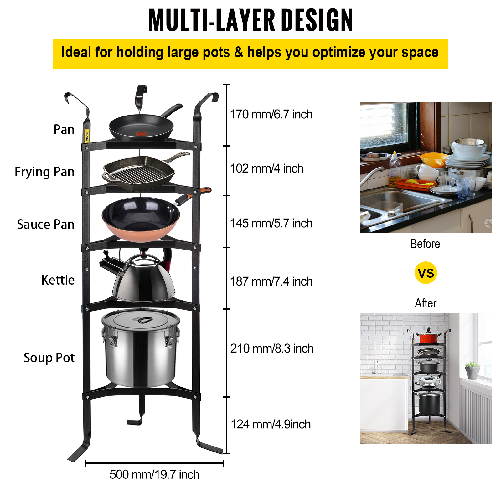 VEVOR 5Tier Cookware Stand, Carbon Steel MultiLayer Pot Rack, 42.7