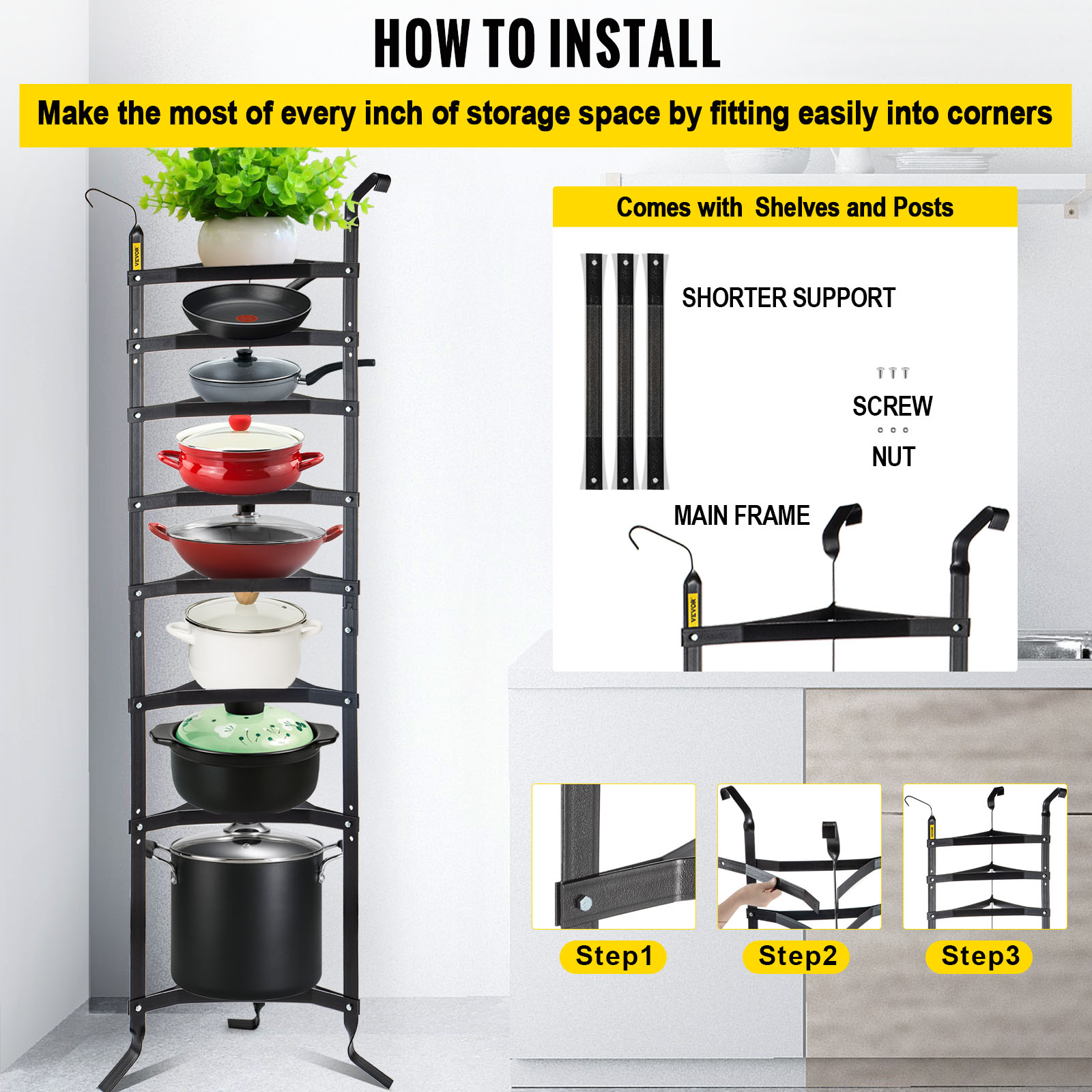 VEVOR 8Tier Cookware Stand, 68inch MultiLayer Pot Rack, Carbon Steel