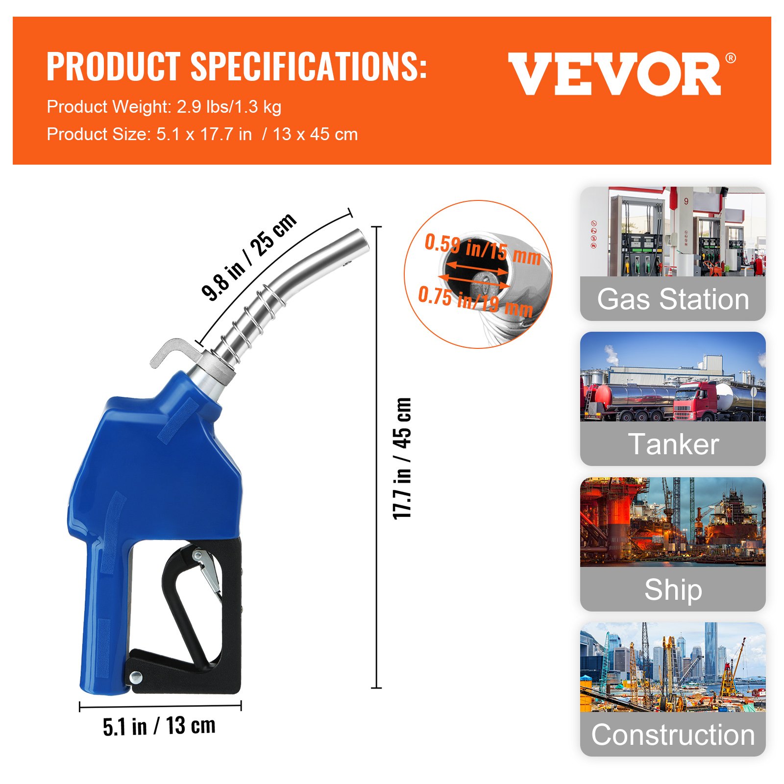VEVOR Automatic Fuel Nozzle Shut Off Fuel Refilling 3/4" NPT 13/16