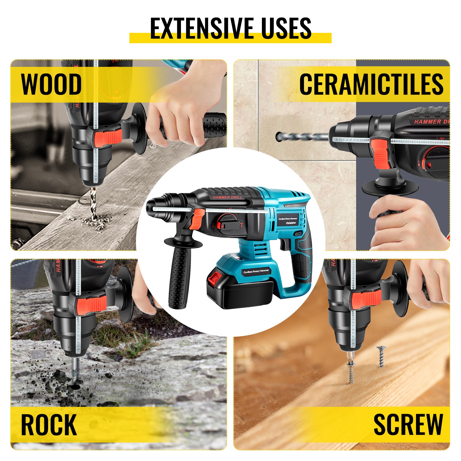 VEVOR SDS-Plus Rotary Hammer Drill, 1400 rpm & 450 bpm Variable Speed ...