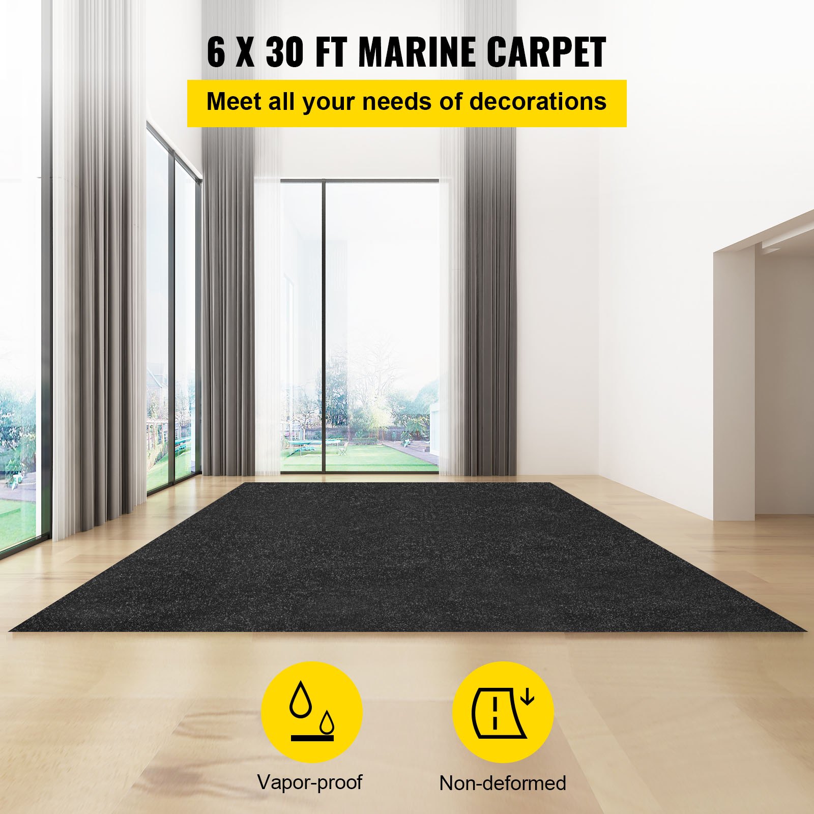 VEVOR Marine Carpet, 6 x 30 ft Boat Carpeting, Charcoal Black Marine Grade Boat Carpet, Indoor