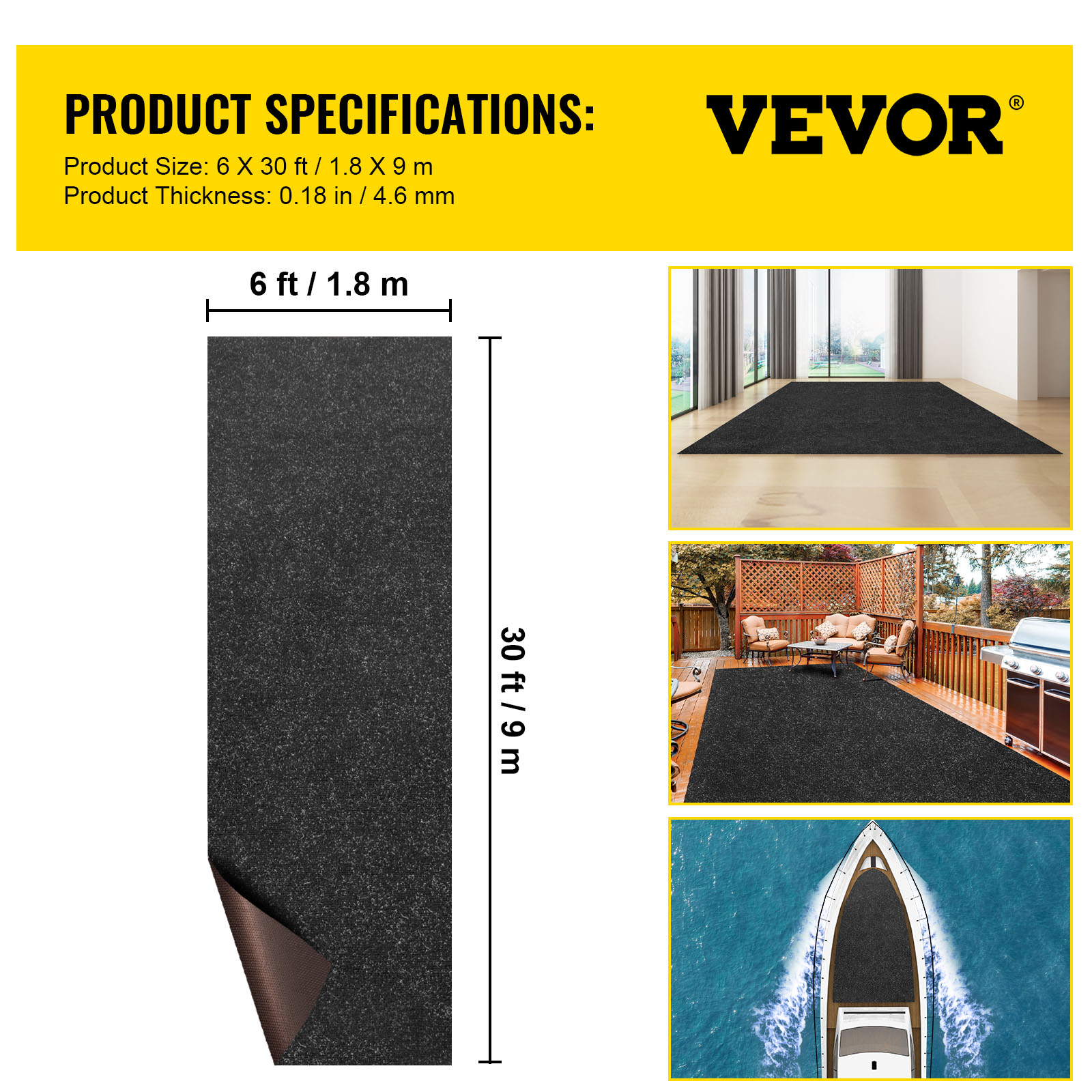 VEVOR Marine Carpet, 6 x 30 ft Boat Carpeting, Charcoal Black Marine Grade Boat Carpet, Indoor