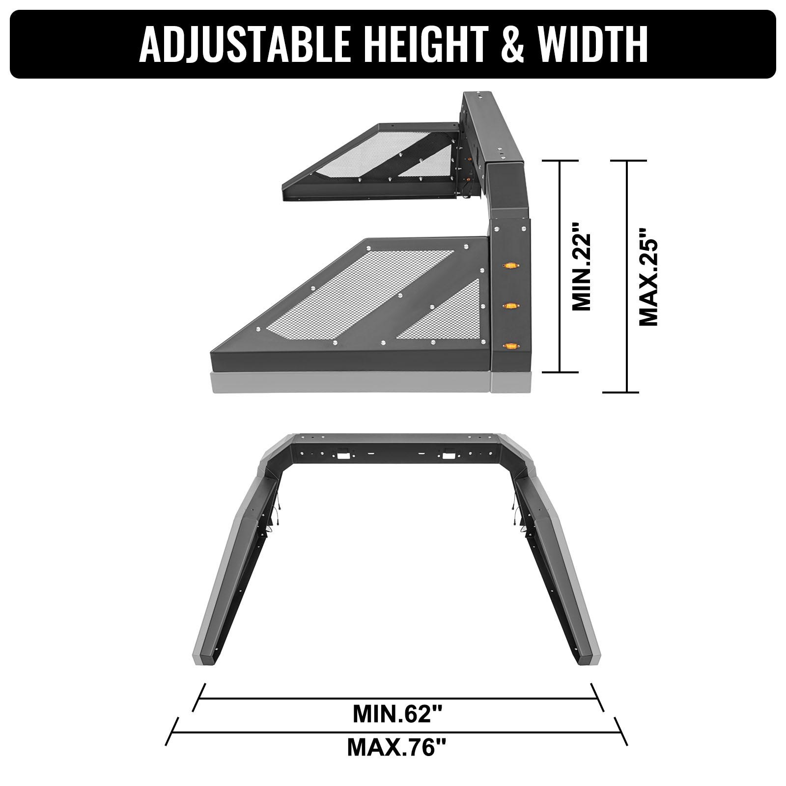 43/mo - Finance VEVOR Truck Roll Bar Chase Rack Adjustable With 6 Amber Auxiliary Side Marker Lamps Universal Fit For Pickup Trucks