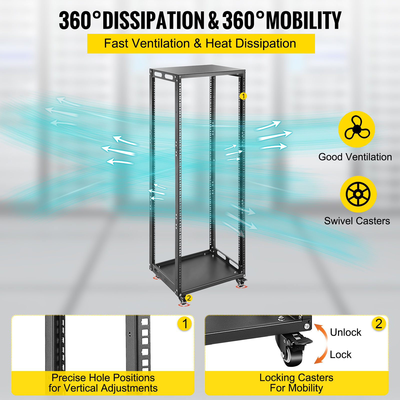 VEVOR Server Rack, 25U Open Frame Rack, 4Post IT Server Network Relay