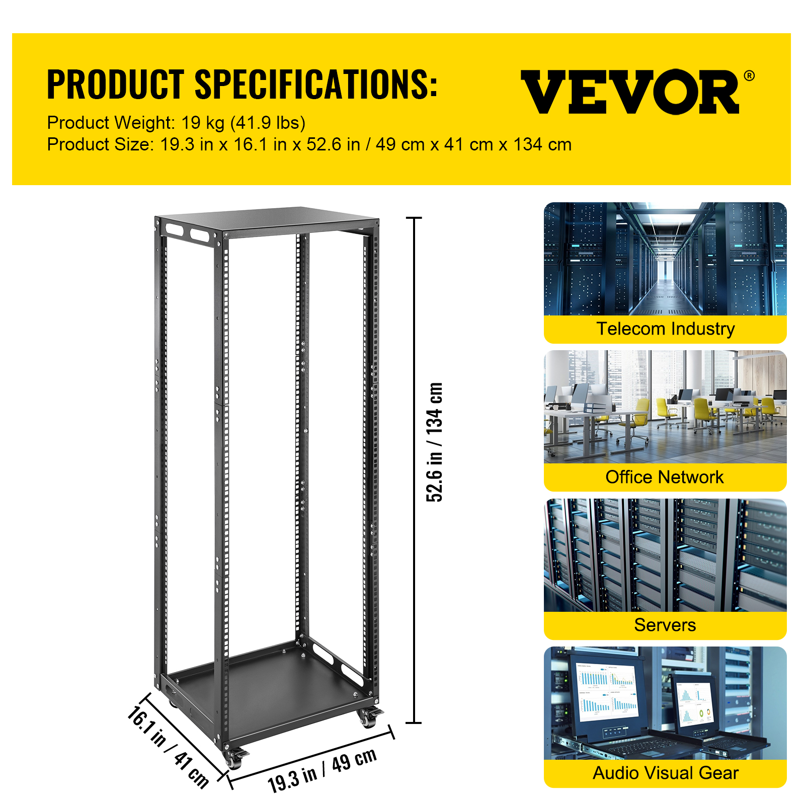 VEVOR Server Rack, 25U Open Frame Rack, 4Post IT Server Network Relay