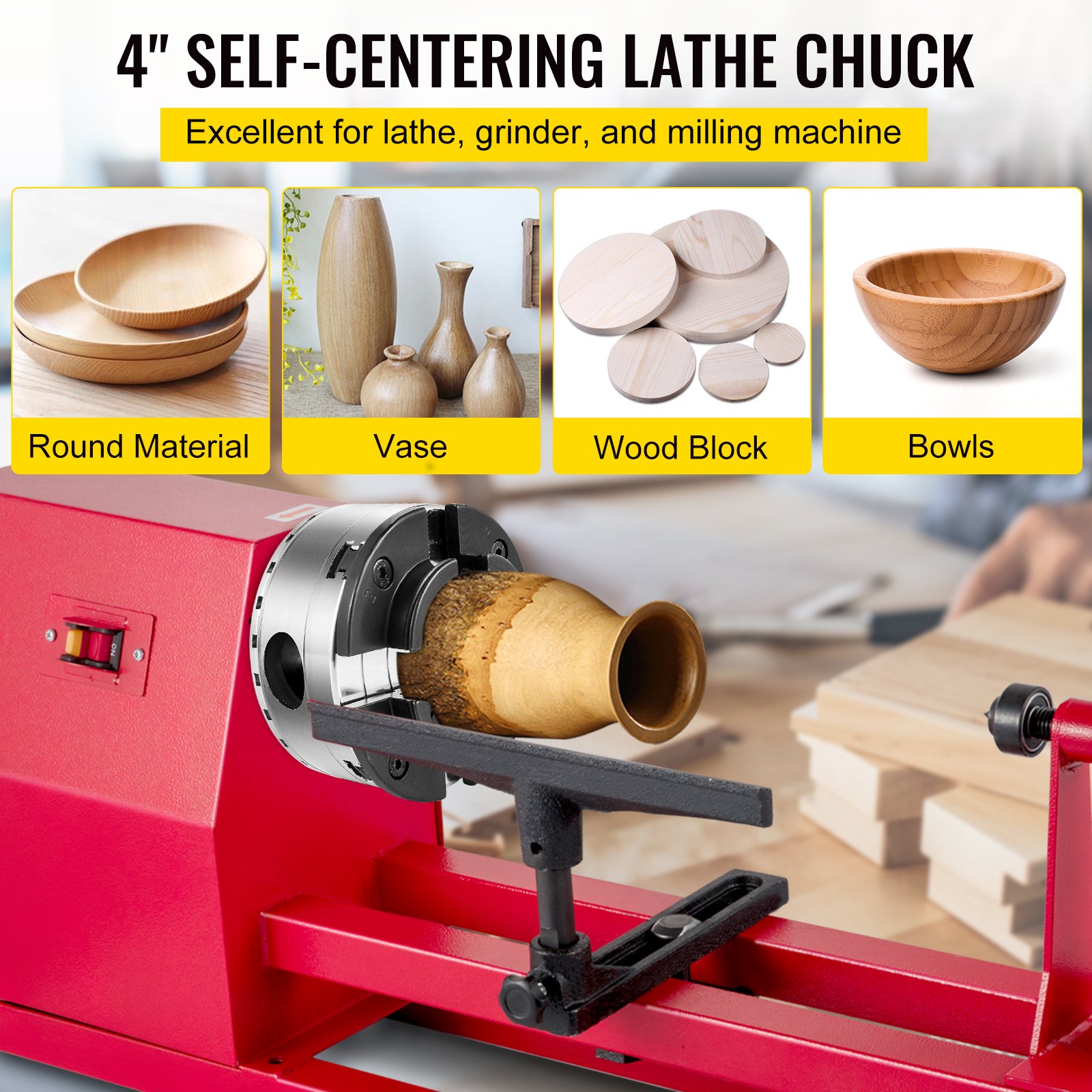 VEVOR Lathe Chuck, 4inch Wood turning Chuck 4 Jaws 1inch x 8TPI Thread