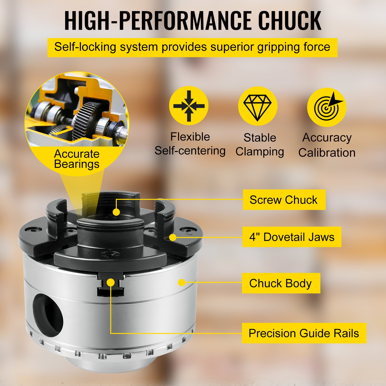 VEVOR Lathe Chuck, 4inch Wood turning Chuck 4 Jaws 1inch x 8TPI Thread