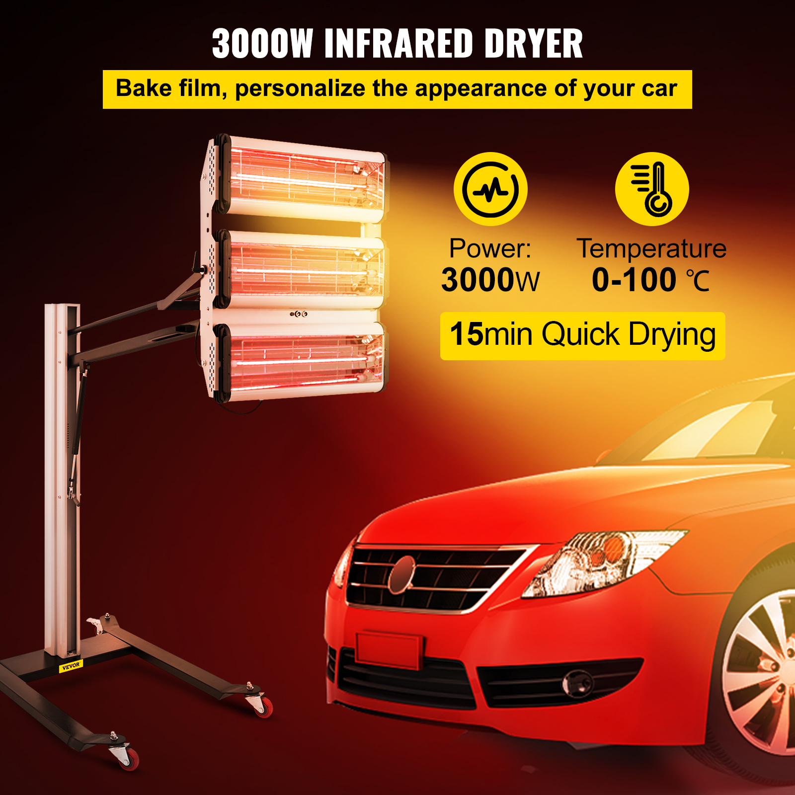 VEVOR 3KW Infrared Paint Curing Lamp Heating Baking Light w/LED Auto