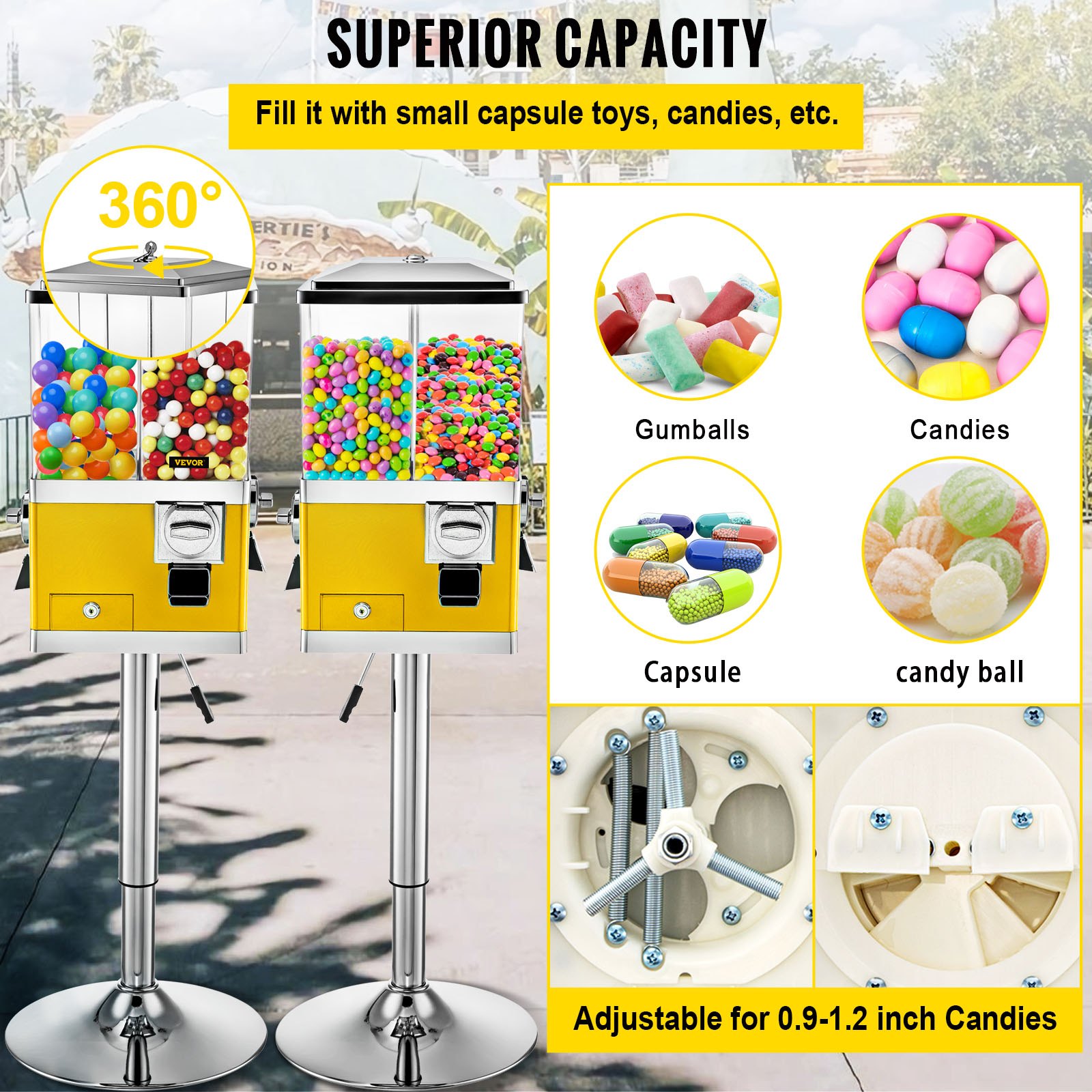 VEVOR Gumball Machine with Stand, Yellow Quarter Candy Dispenser