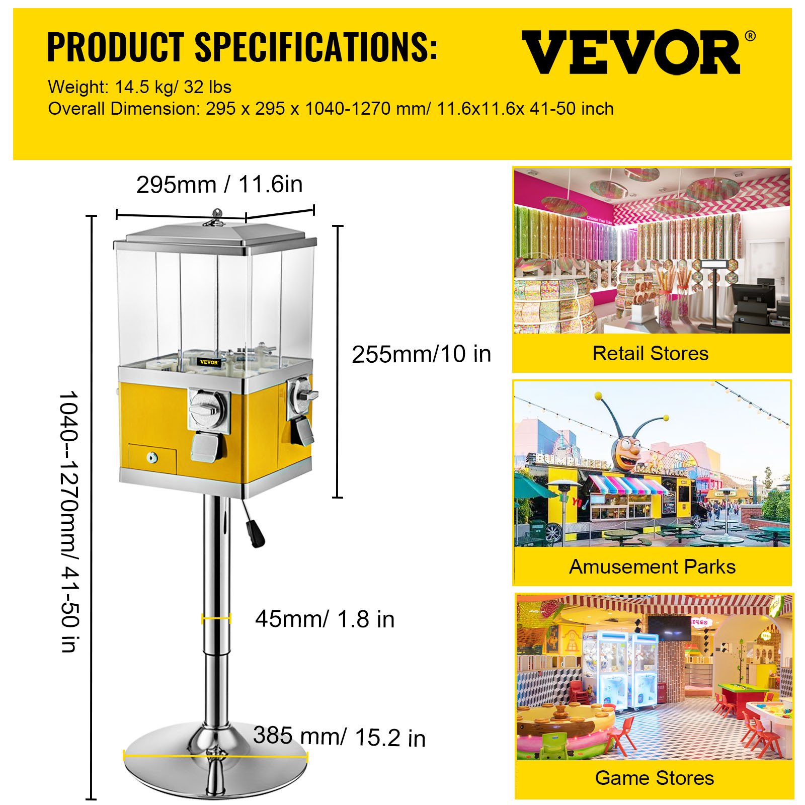 VEVOR Gumball Machine with Stand, Yellow Quarter Candy Dispenser