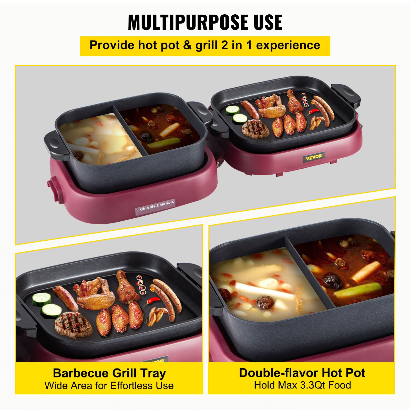 VEVOR 2 in 1 Electric BBQ Pan Grill Hot Pot Foldable Hot Pot BBQ Grill